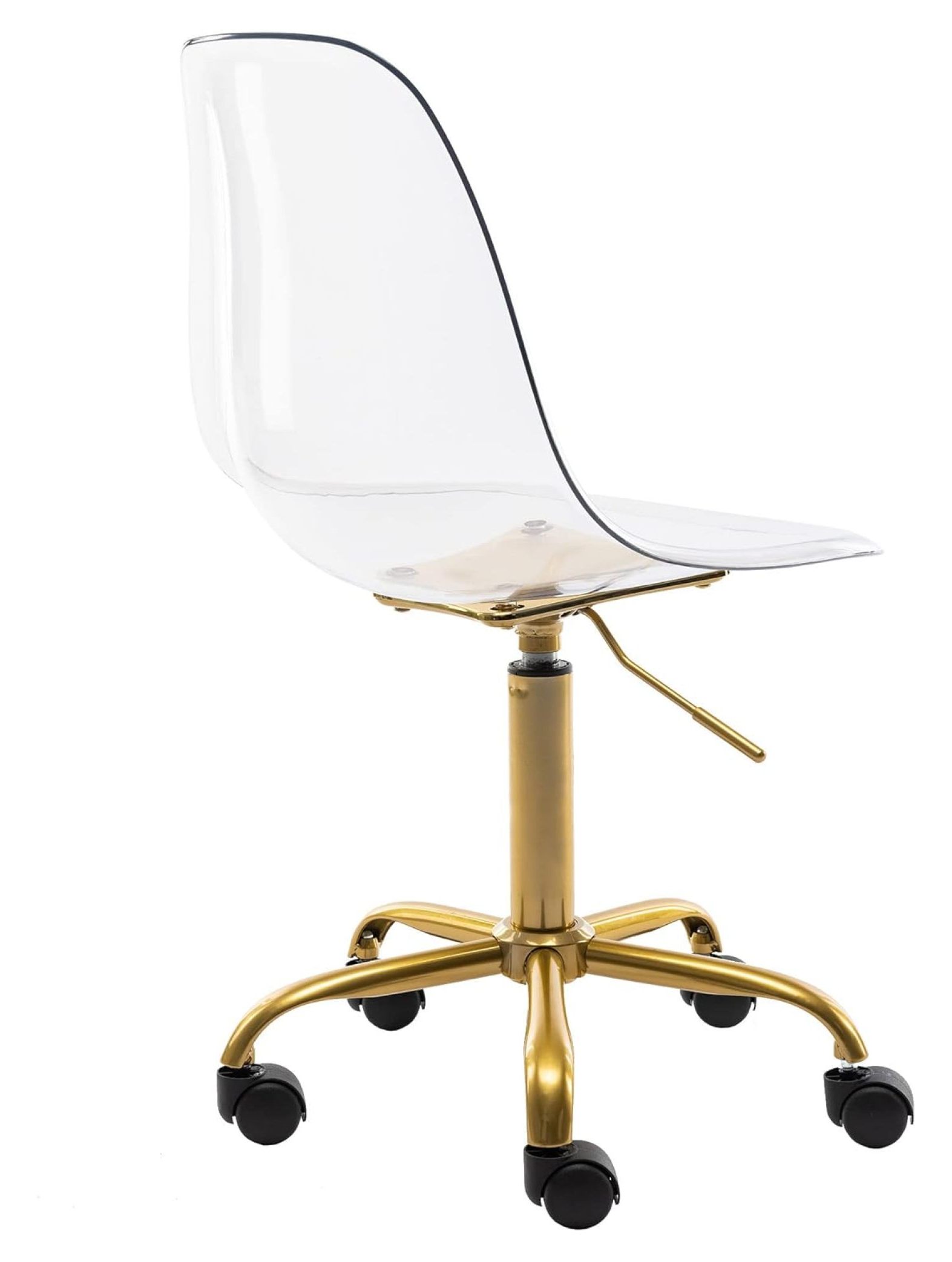 saney Clear Rolling Chair, Armless Desk Chair with Golden Feet Swivel Molded Plastic Shell Adjustable Home Office Chair with Wheels, Clear