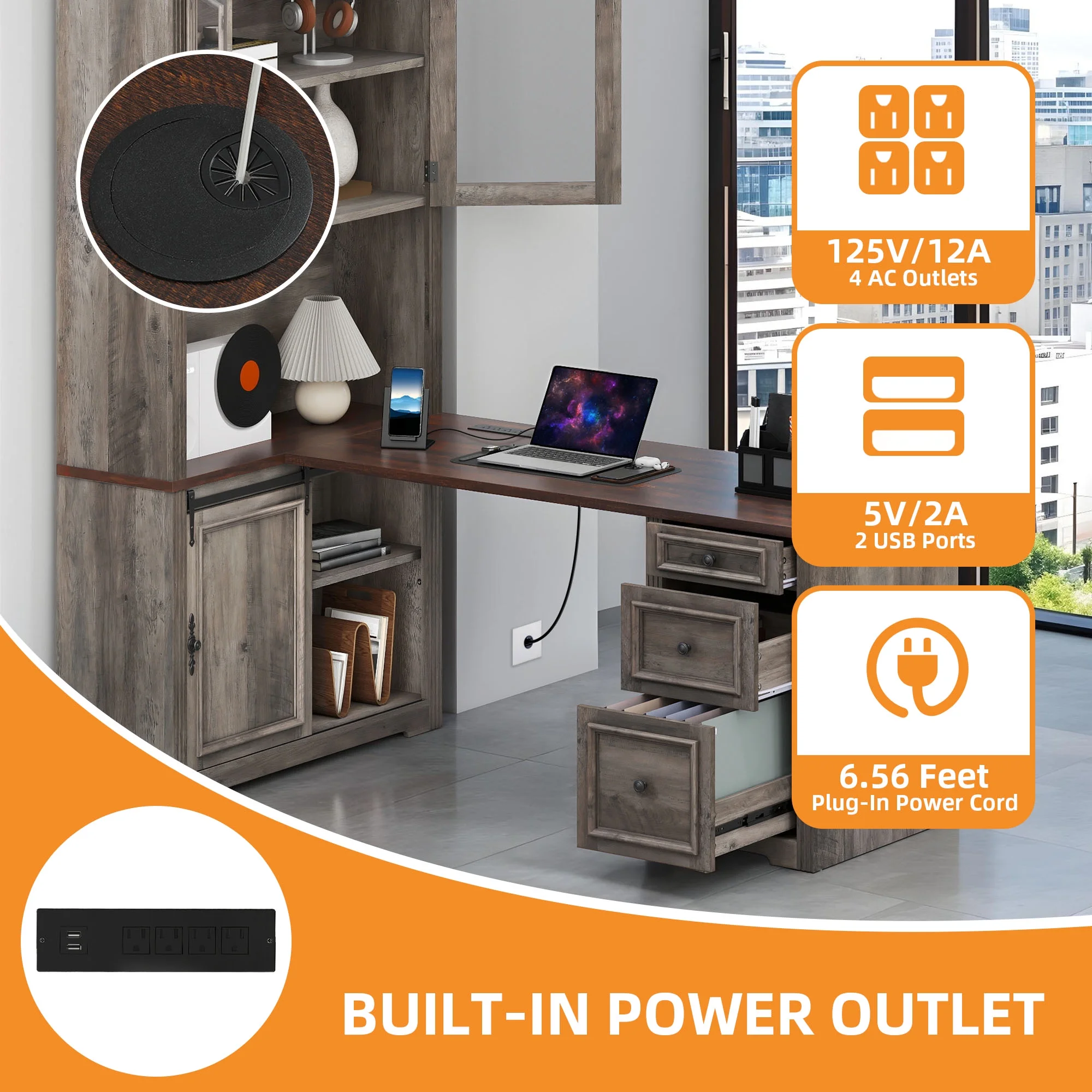 Craftian Executive Desk with Hutch, L Shape Computer Desk, Wood Office Desk with Storage Cabinet, White