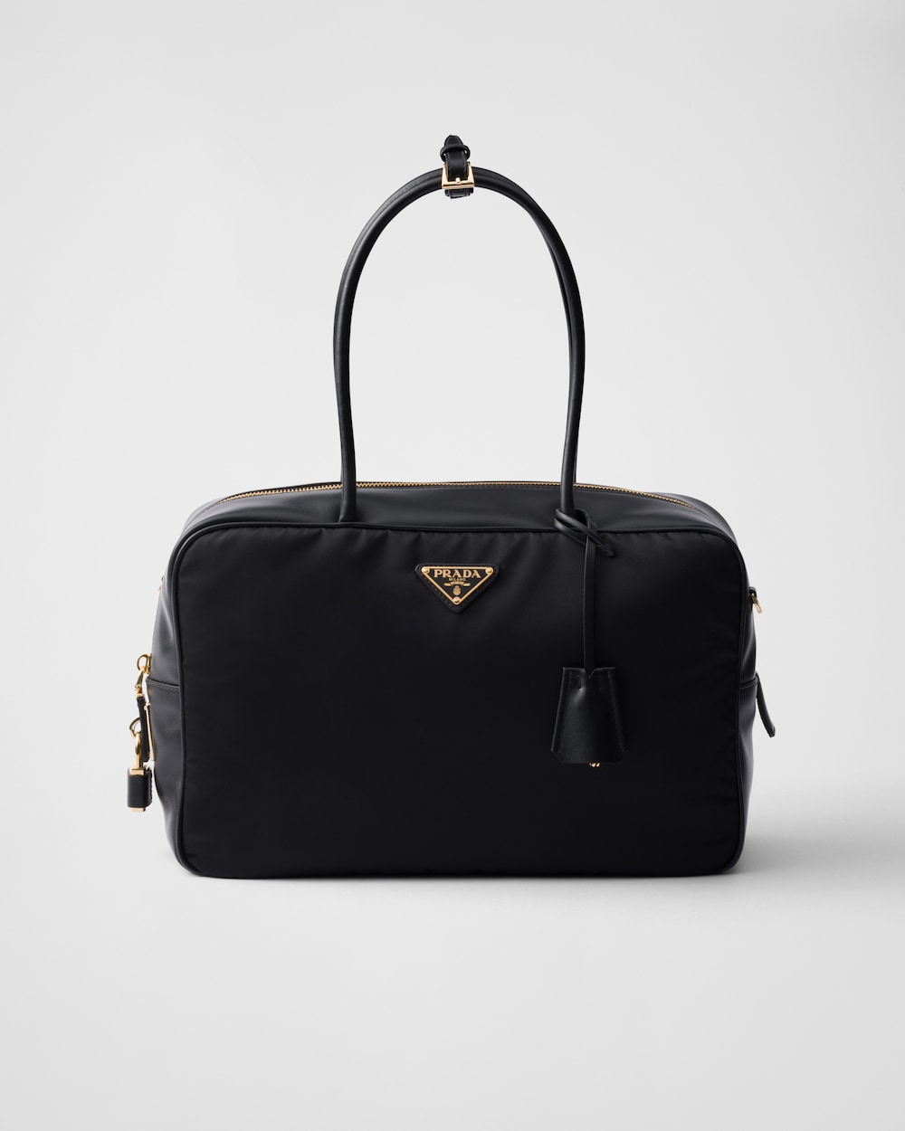 Large Re-Nylon and Leather Top-Handle Bag With Padlock