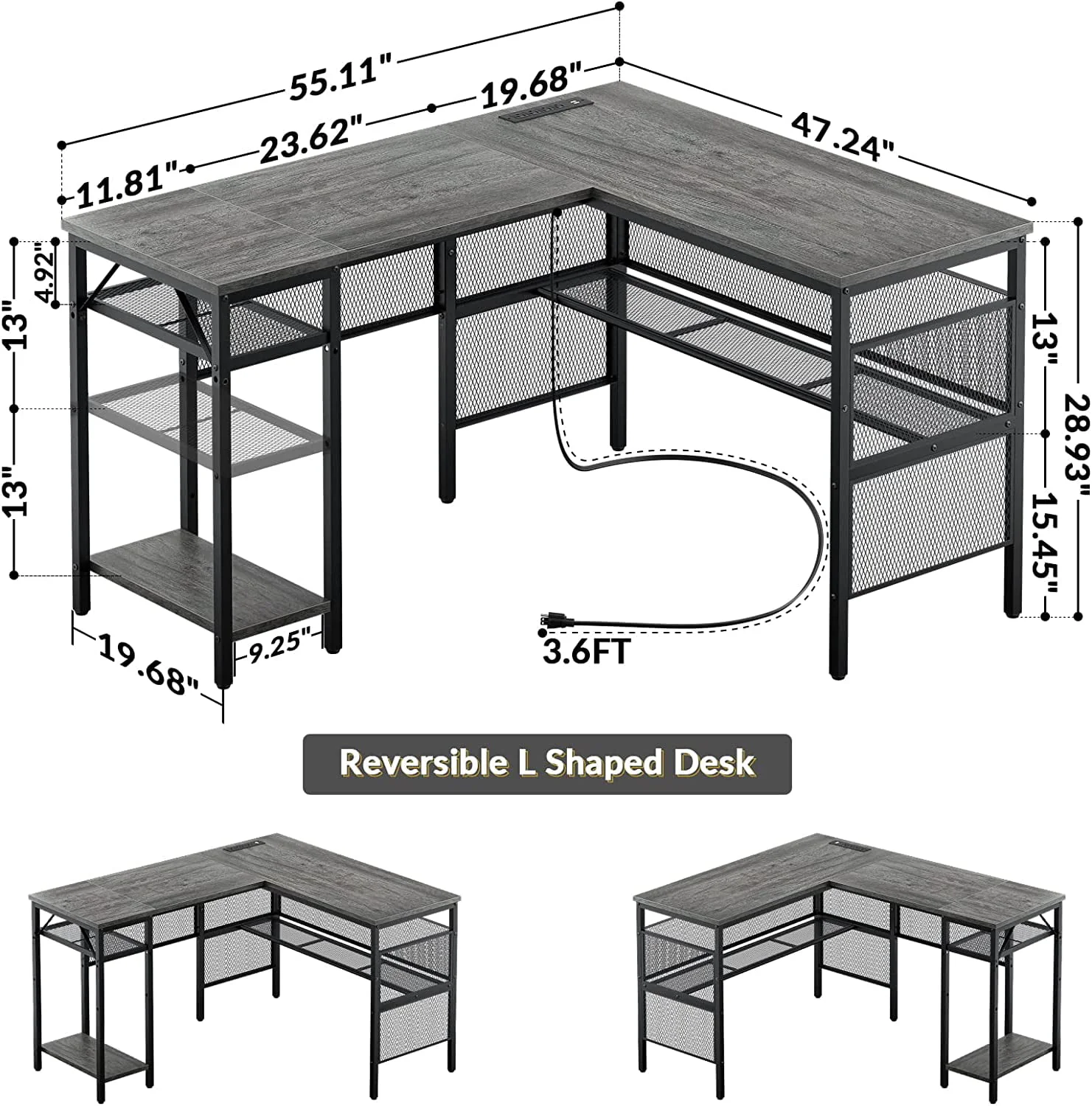 Homieasy L Shaped Desk with Power Outlet and USB Charging Port, Reversible Computer Desk with Storage Shelves, Industrial 2 Person Long Corner Desk Modern Office Desk Writing Desk, Black Oak