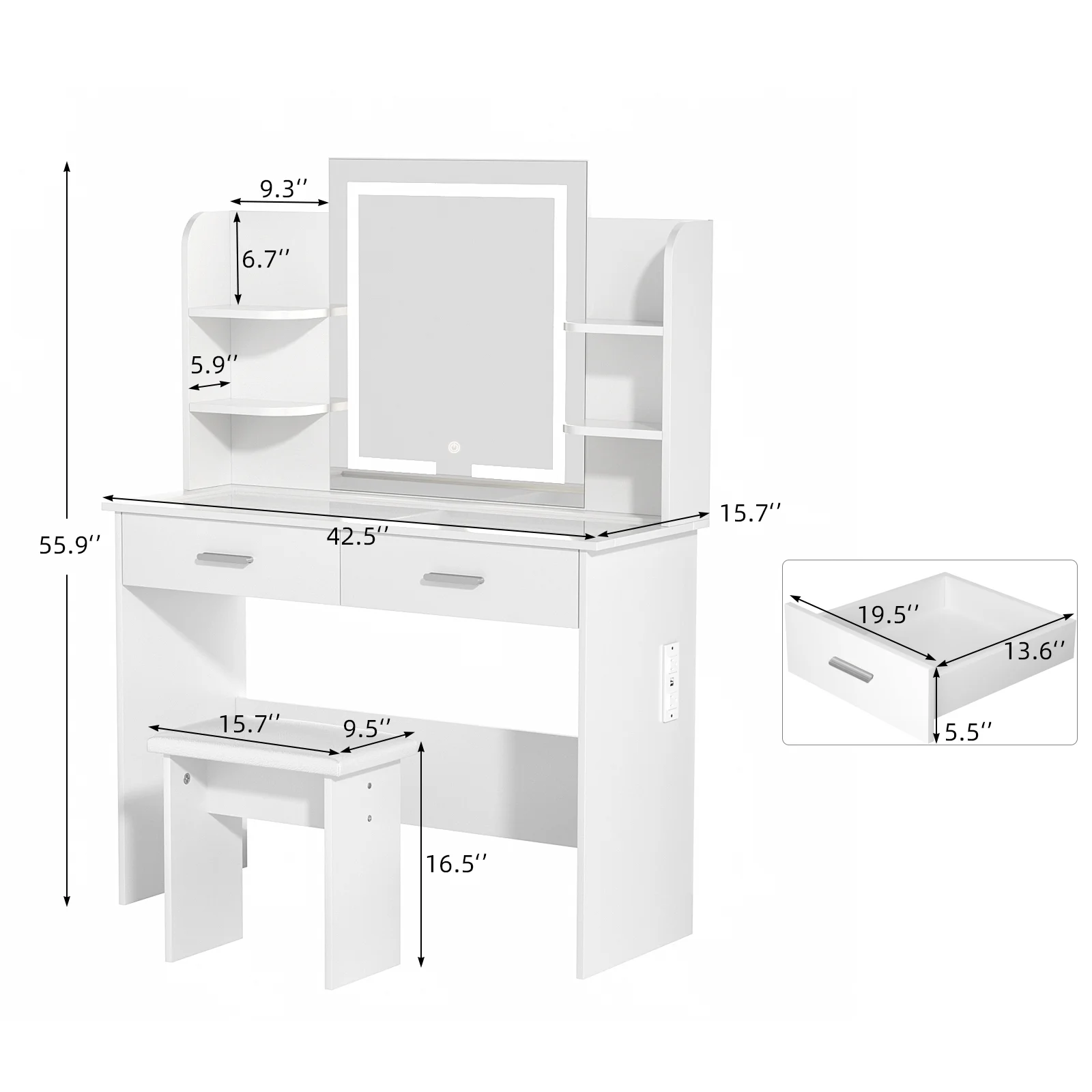 RichYa Modern Makeup Vanity Set with Lights Mirror and Drawers,White Makeup Desk,Dressing Table