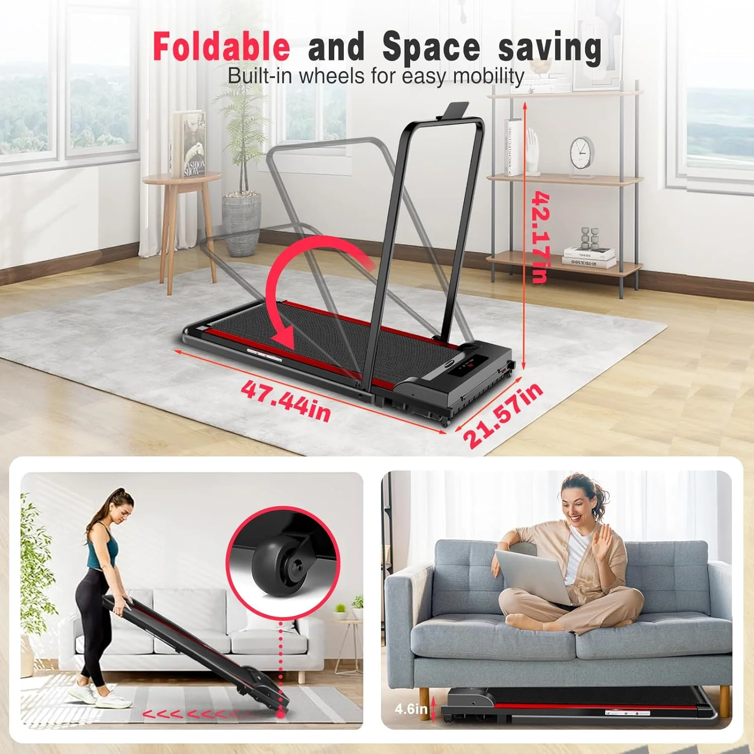 2 in 1 Walking Pad Treadmill, Foldable Treadmills with Handle Bar, 2.5HP Portable Folding Treadmill with Remote Control, Under Desk Treadmill for Home Office, Small Treadmill, 300lb