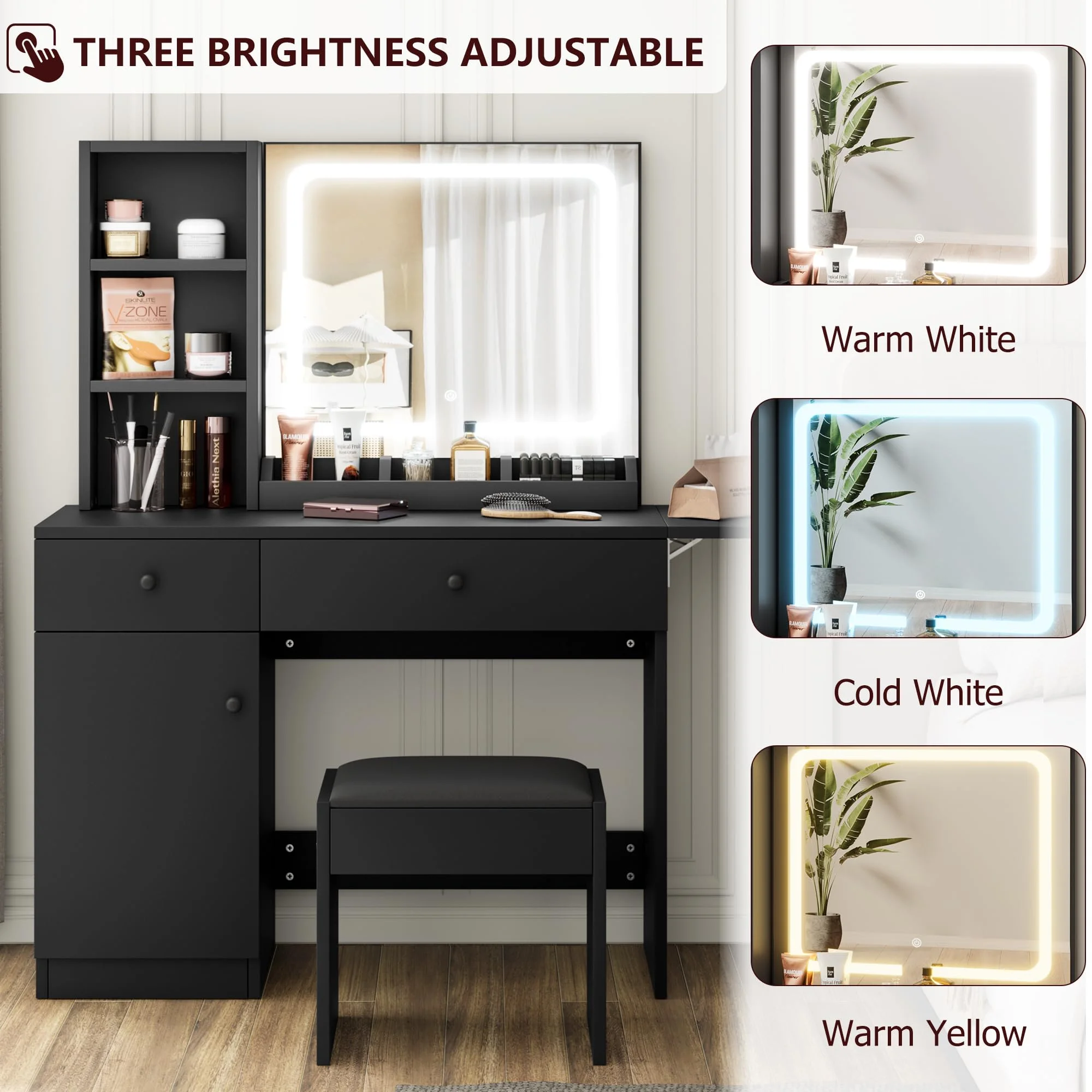 DSstyles Brown/Black/White Vanity Desk with LED Lighted Mirror & Power Outlet, Makeup Vanity with Drawers & Cabinet & Chair, Vanity Table Set for Bedroom