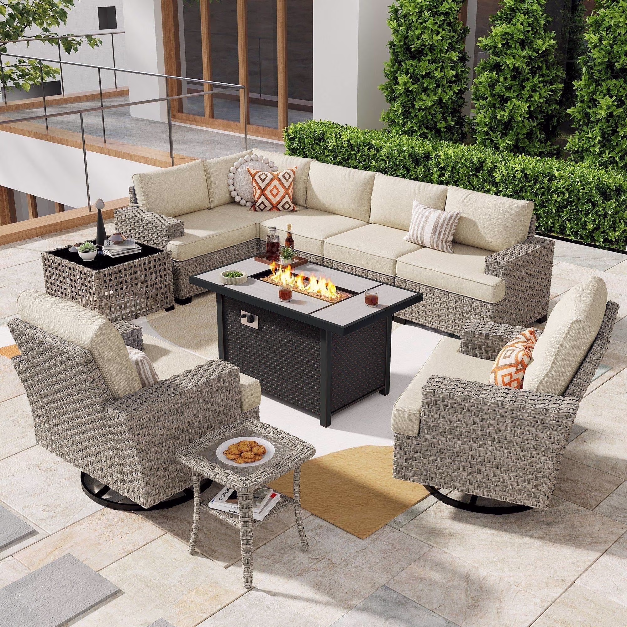Ovios 10 Pieces Outdoor Patio Furniture Modern High-Back All-Weather Wicker Sectional Conversation Set with Propane Fire Pit Table & Swivel Chair, Dark Gray