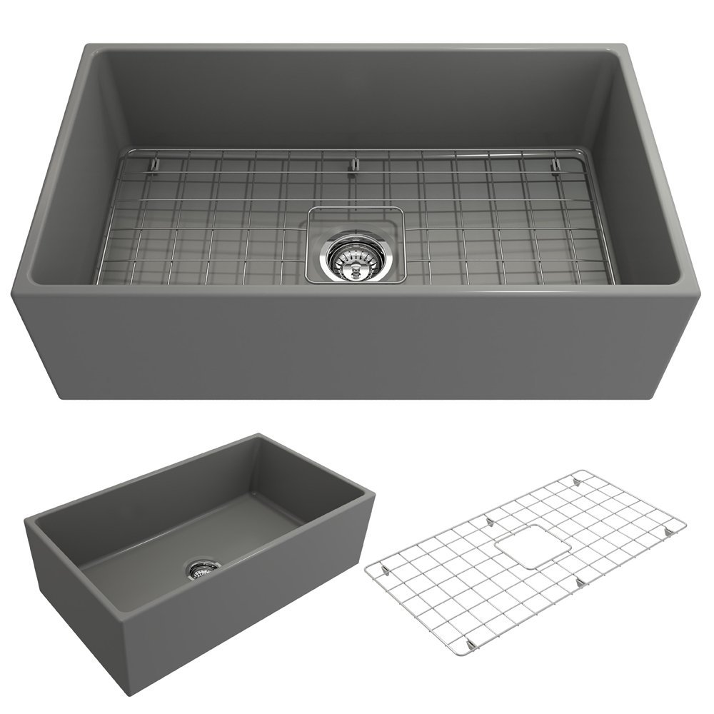 BOCCHI Contempo Apron Front Fireclay 33 in. Single Bowl Kitchen Sink with Protective Bottom Grid and Strainer in White
