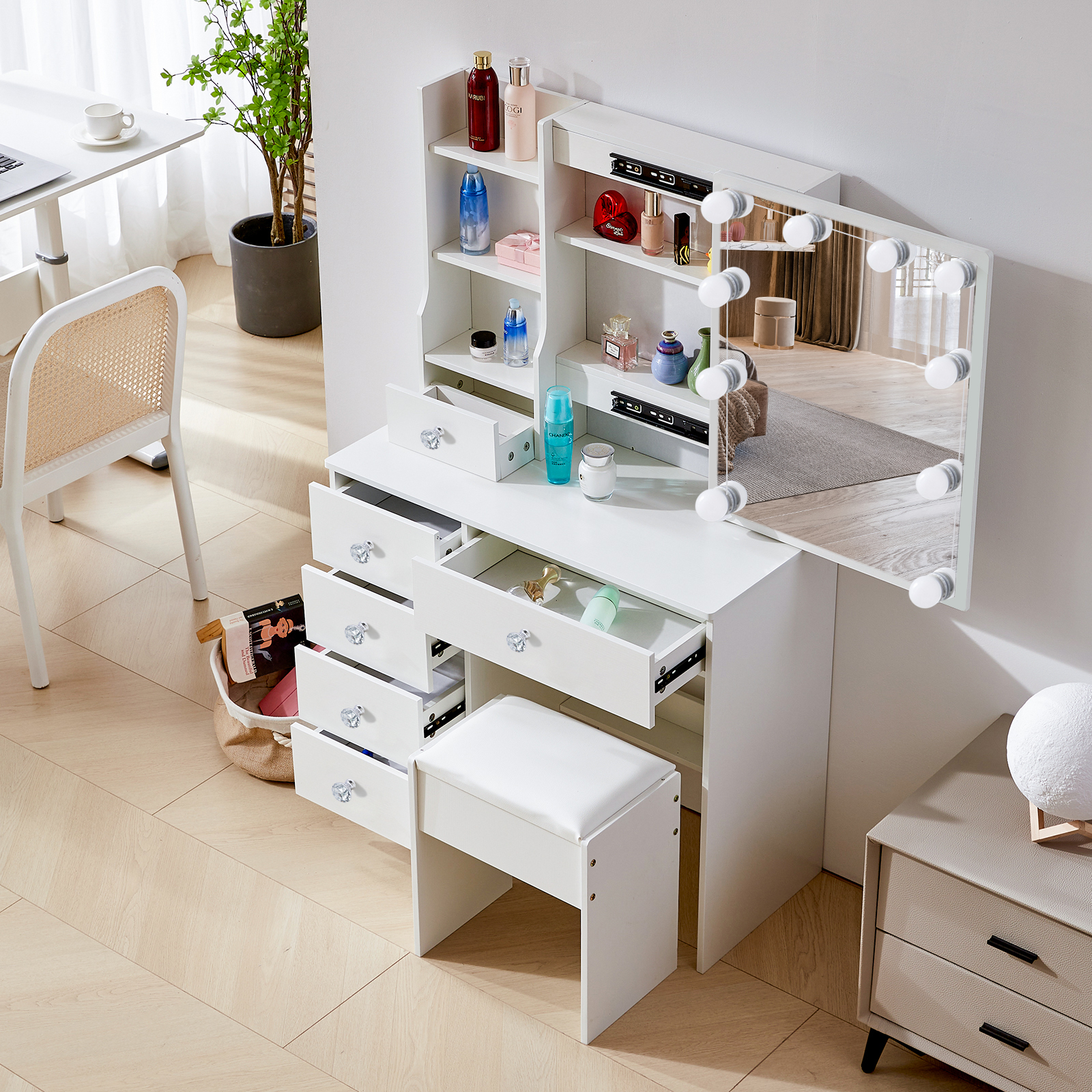 Jarbalai 10-LED Vanity Table with Sliding Mirror, 6 Drawers & Stool, White Makeup Desk