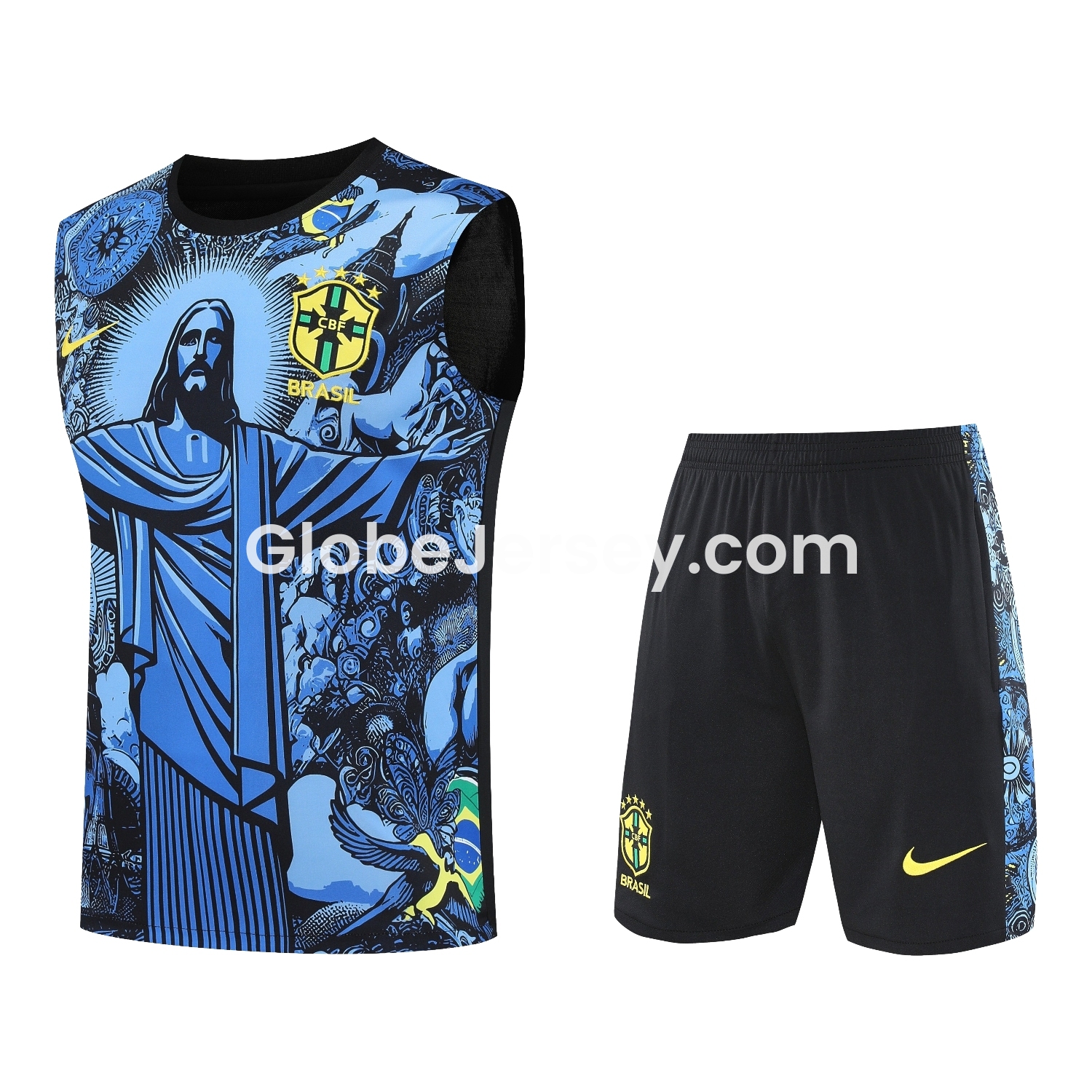 Brazil 25-26 Blue Jesus Statue Vest Training Set - Blue Vest & Black Shorts