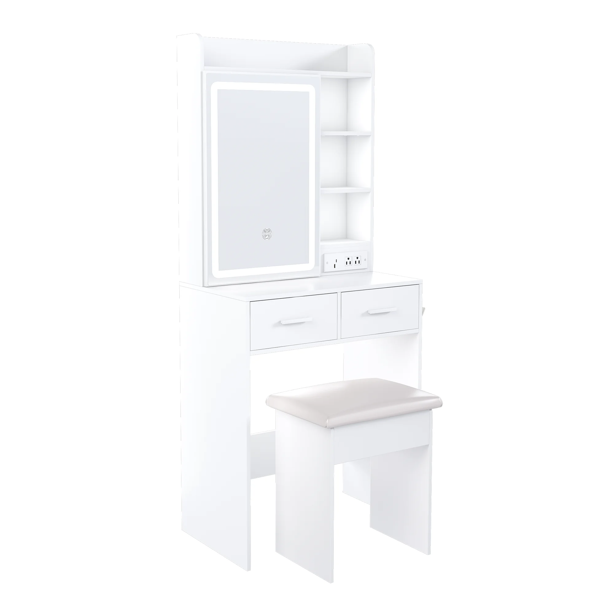 Small White Makeup Vanity Desk with Mirror and Adjustable LED Lights, Built-in Power Outlet and Hidden Storage