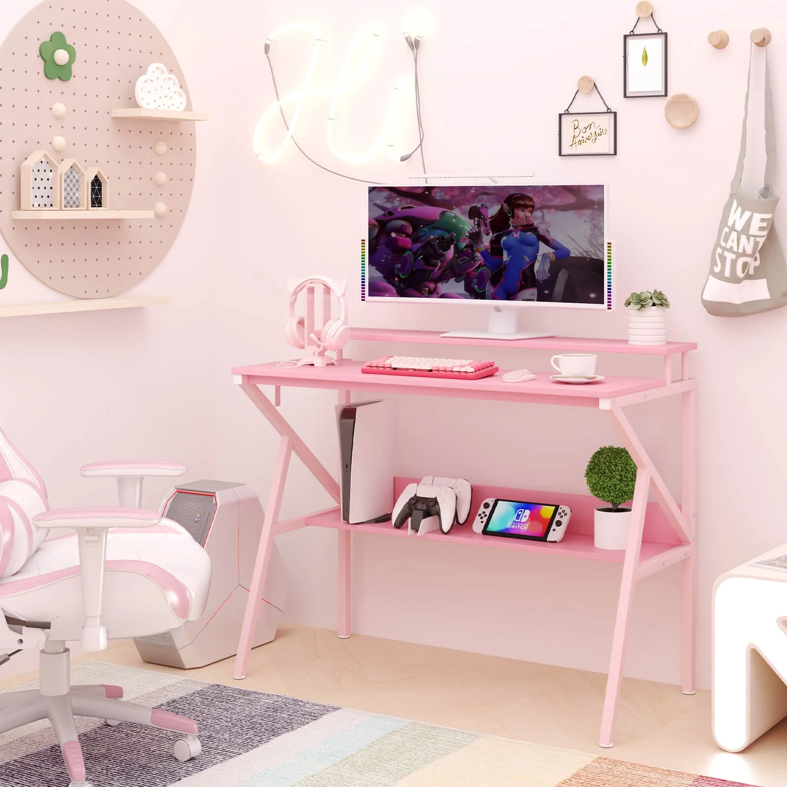 Costway Home Office Desk with Monitor Stand, Open Shelf & Metal Frame, Earphone Hook White