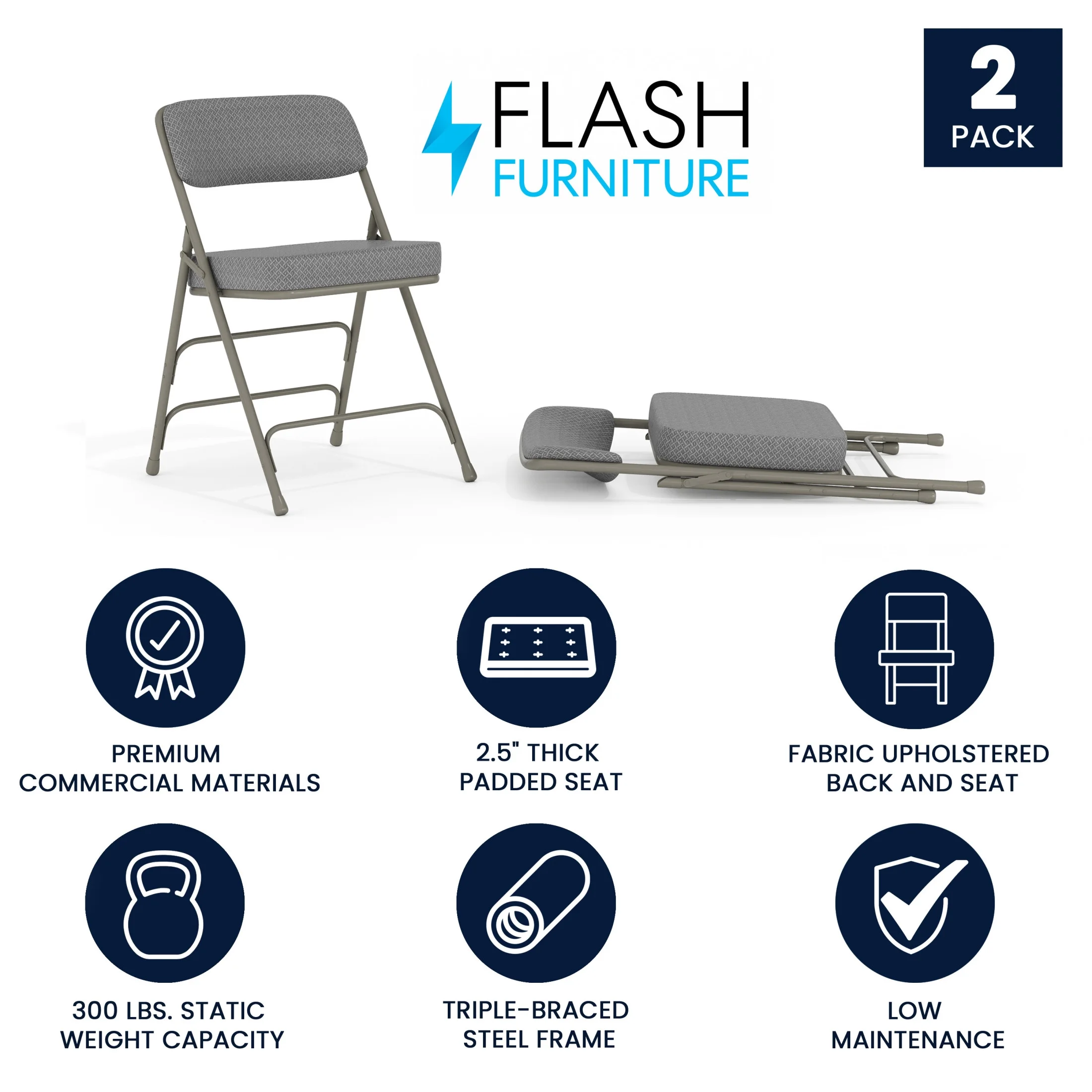 Flash Furniture Hercules Adult Triple Braced & Double Hinged Folding Chairs, Set of 2, Navy