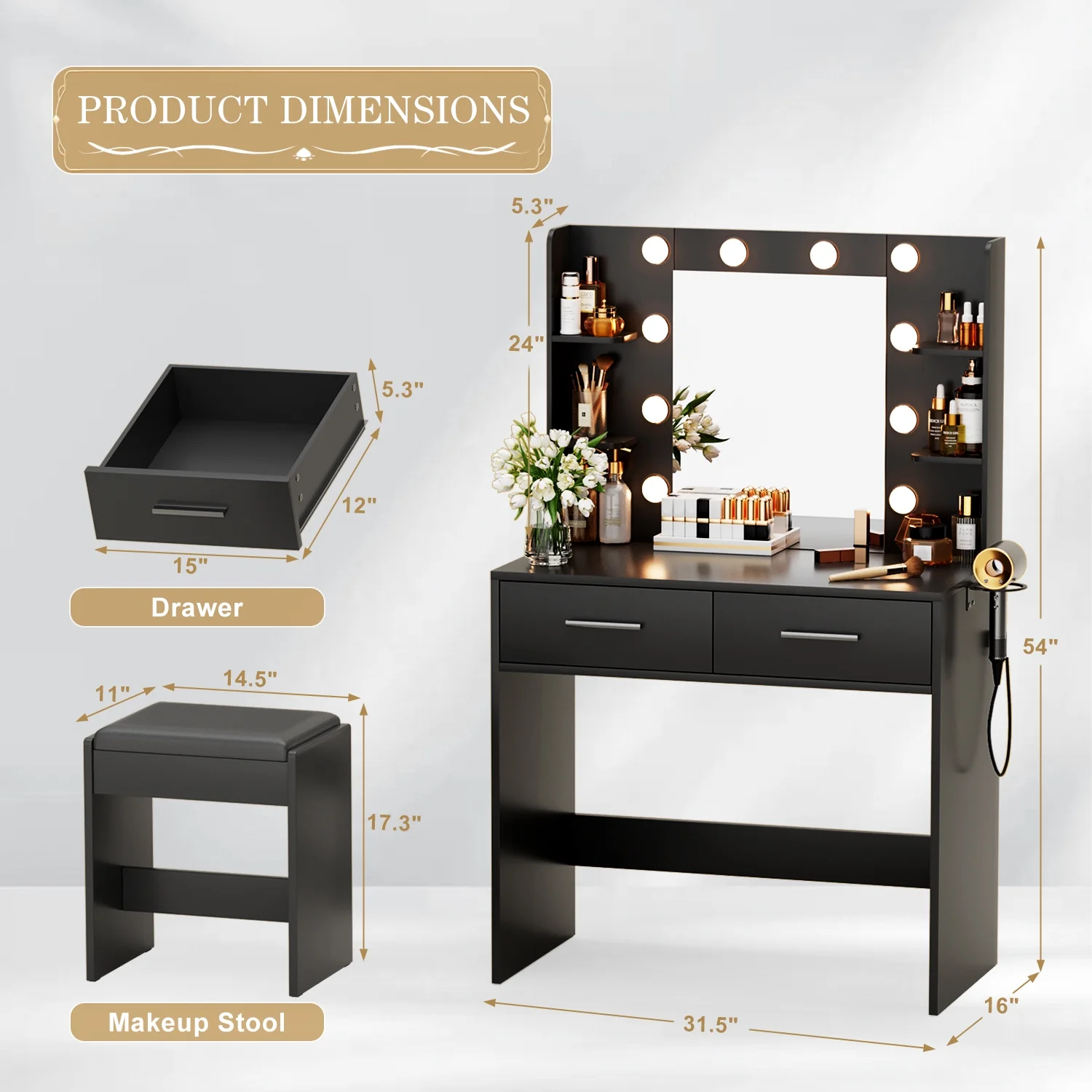 Vineego Makeup Vanity Desk with Lighted Mirror & Power Outlet, Makeup Vanity with stool,White