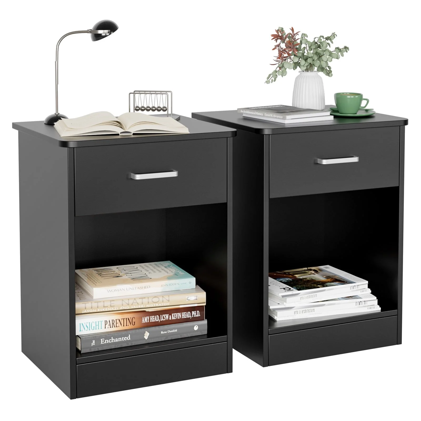 Homfa 2-Tier Nightstand with Drawer & Storage Shelf, Side End Table for Bedroom Living Room Set of 2, White