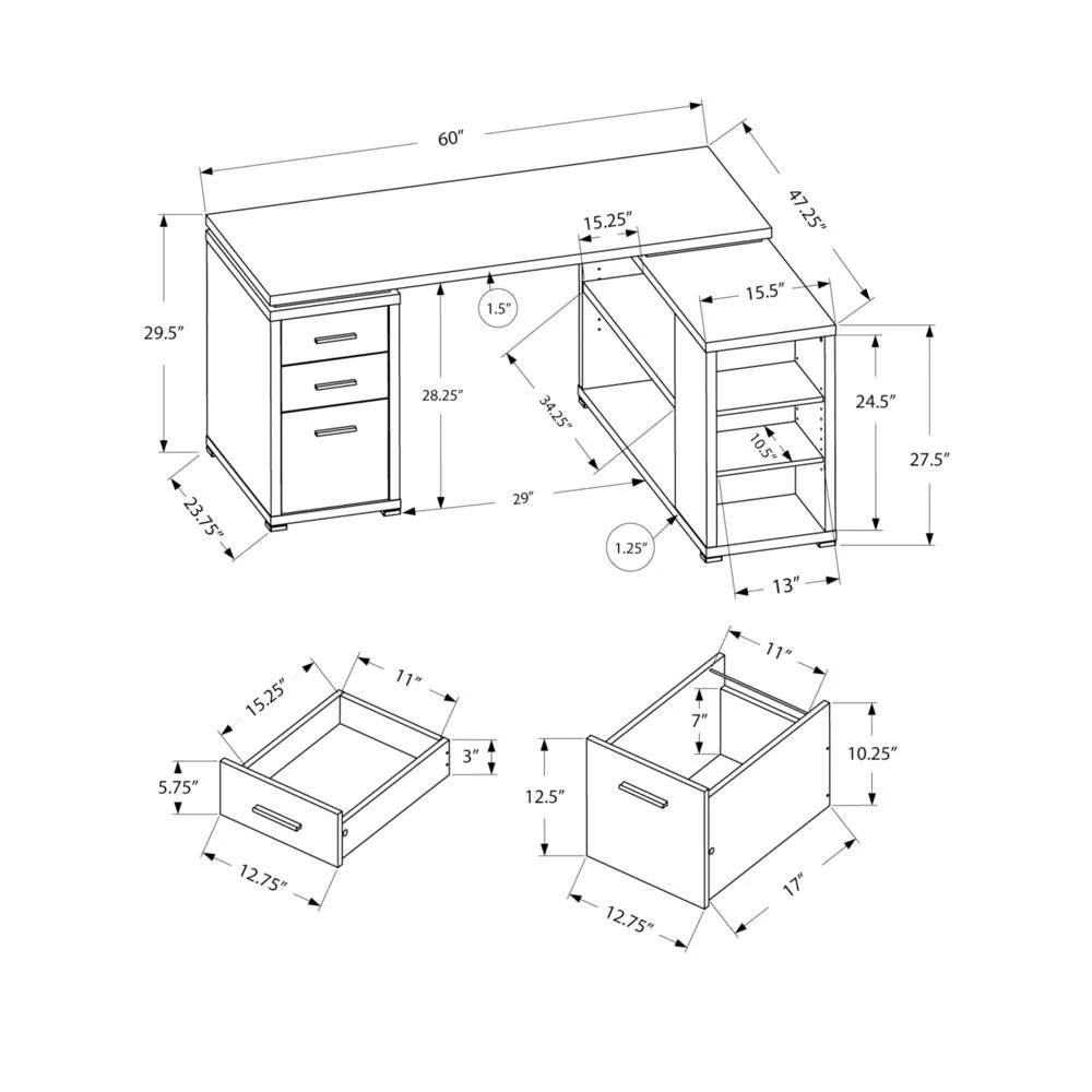Monarch Specialties Computer Desk, L-Shaped, Corner, 3 Drawers 2 Open Shelves 3 Cubbies, 60