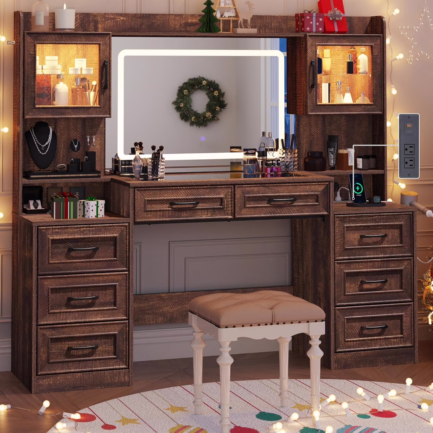 ChVans 62'' Large Vanity Desk with Tempered Glass Top & Charging Station, Farmhouse Makeup Vanity with 8 Storage Drawers & 2 LED Glass Storage Cabinets & 3 Lights Mode LED Mirror for Women Gift