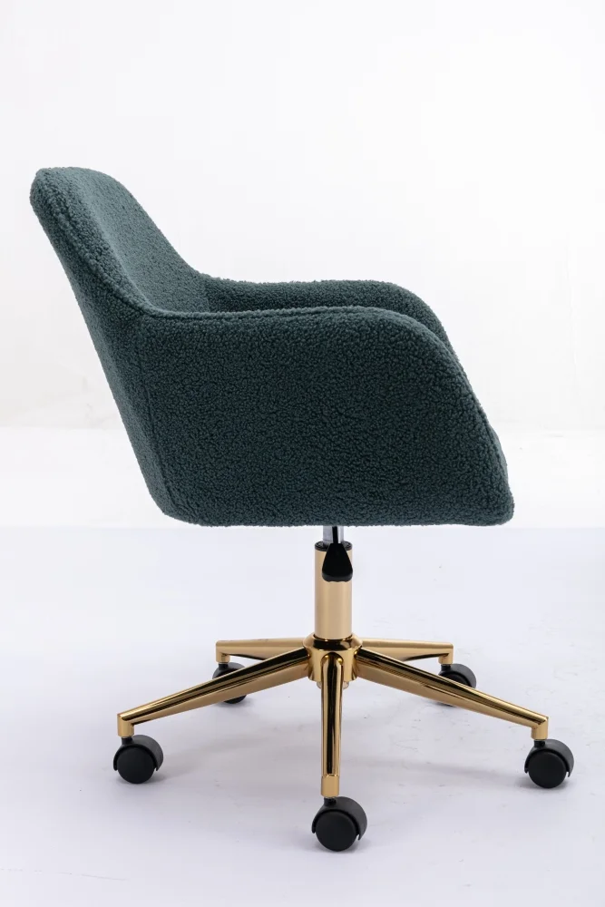 Modern Swivel Desk Chair, Teddy Fabric Home Office Task Chair Adjustable Swivel Mid-Back Cute Upholstered Accent Vanity Armchair with Gold Metal Legs and Universal Wheel for Home Office, Green