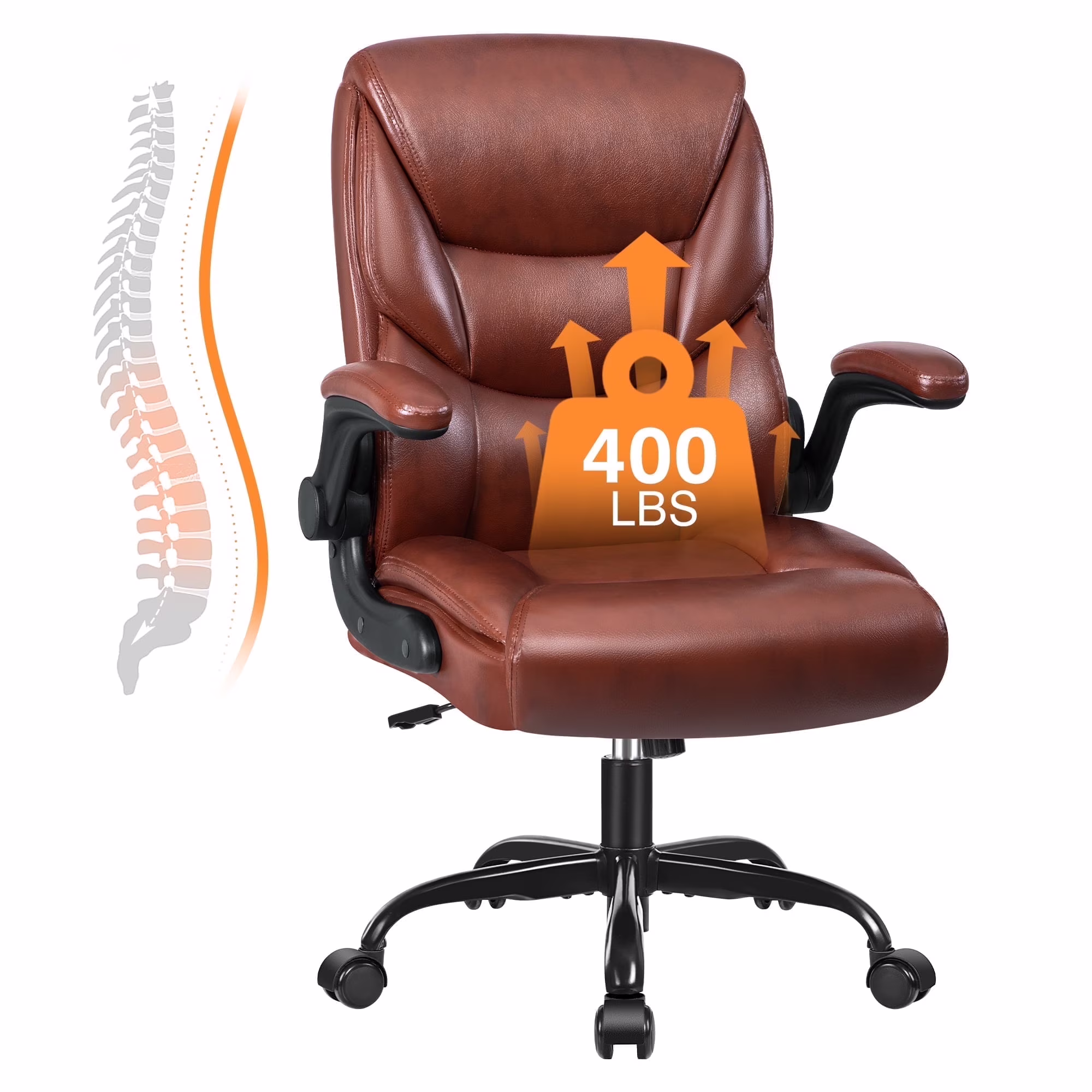 Primy Compact PU Leather Office Chair - Ergonomic Adjustable Height Computer Desk Chair with Flip-Up Armrests, Mid-Back Executive Swivel Chair on Wheels for Small Spaces & Petite Users, Black