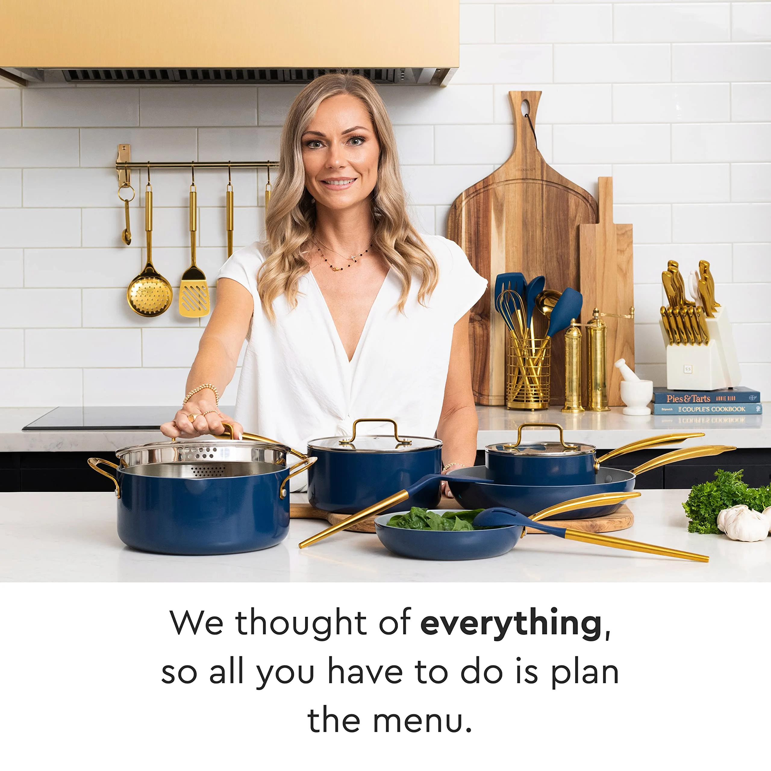 Styled Settings White Pots and Pans Set Nonstick-15 Piece Luxe White Cookware Set Non Toxic,Oven Safe,Induction Safe Cooking Pot with Strainer Lid,Gold Cooking Utensils,Gold Pots & Pans��