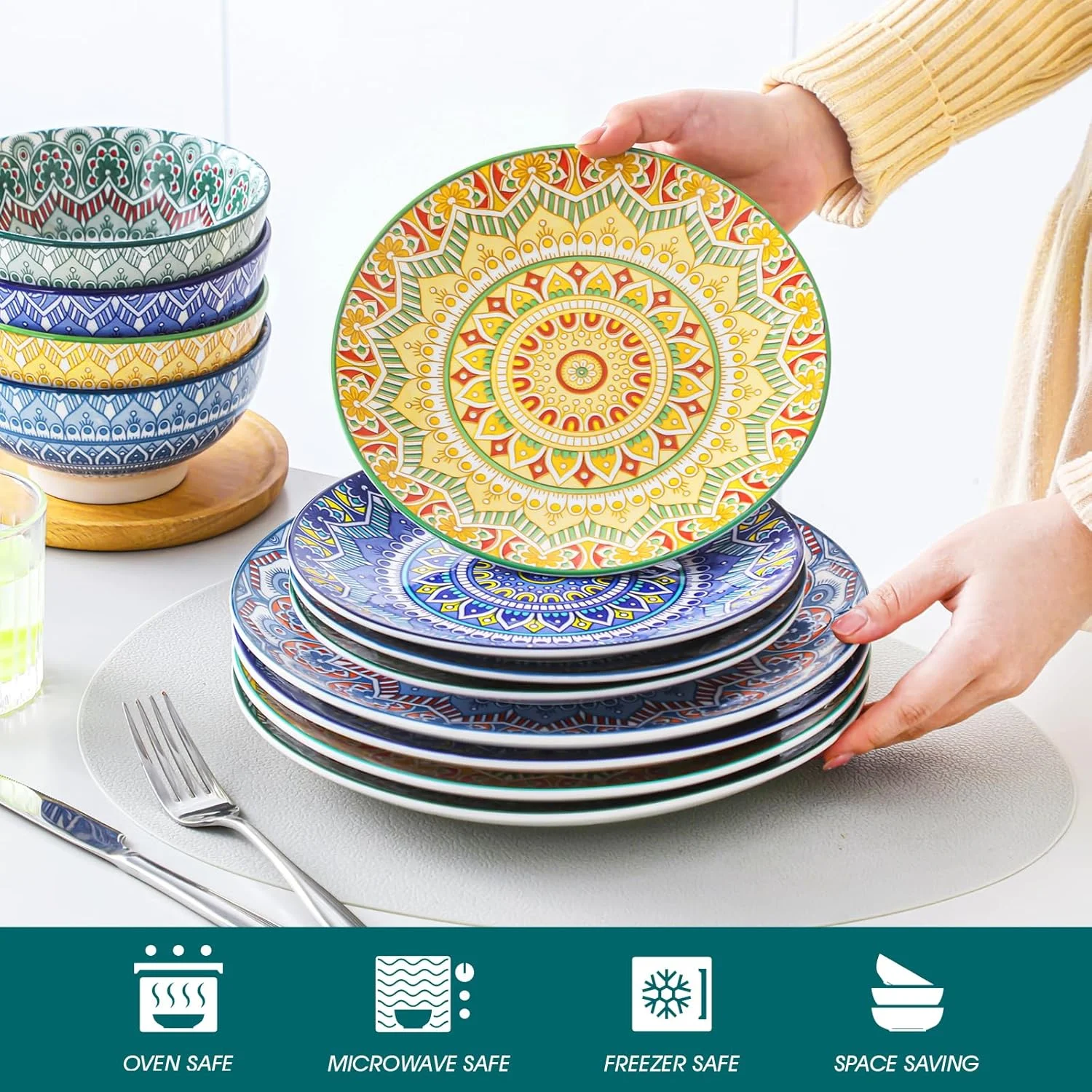 Mandala12 Pieces Dinnerware Sets, Porcelain Dinner Set for 4, Boho Plates and Bowls Set, Colorful Dish Sets