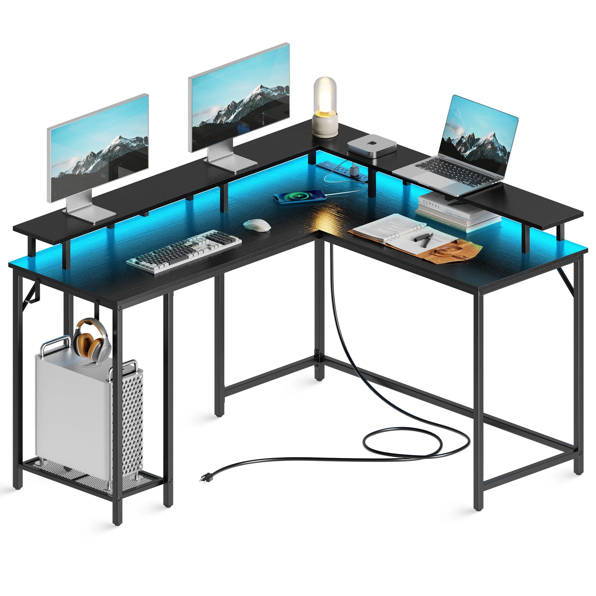 SUPERJARE L Shaped Desk with Outlets & USB Ports, Computer Desk with LED Light Strip, Corner Gaming Desk, L Office Desk, Monitor Stand, Hooks, and Storage Shelves, Black