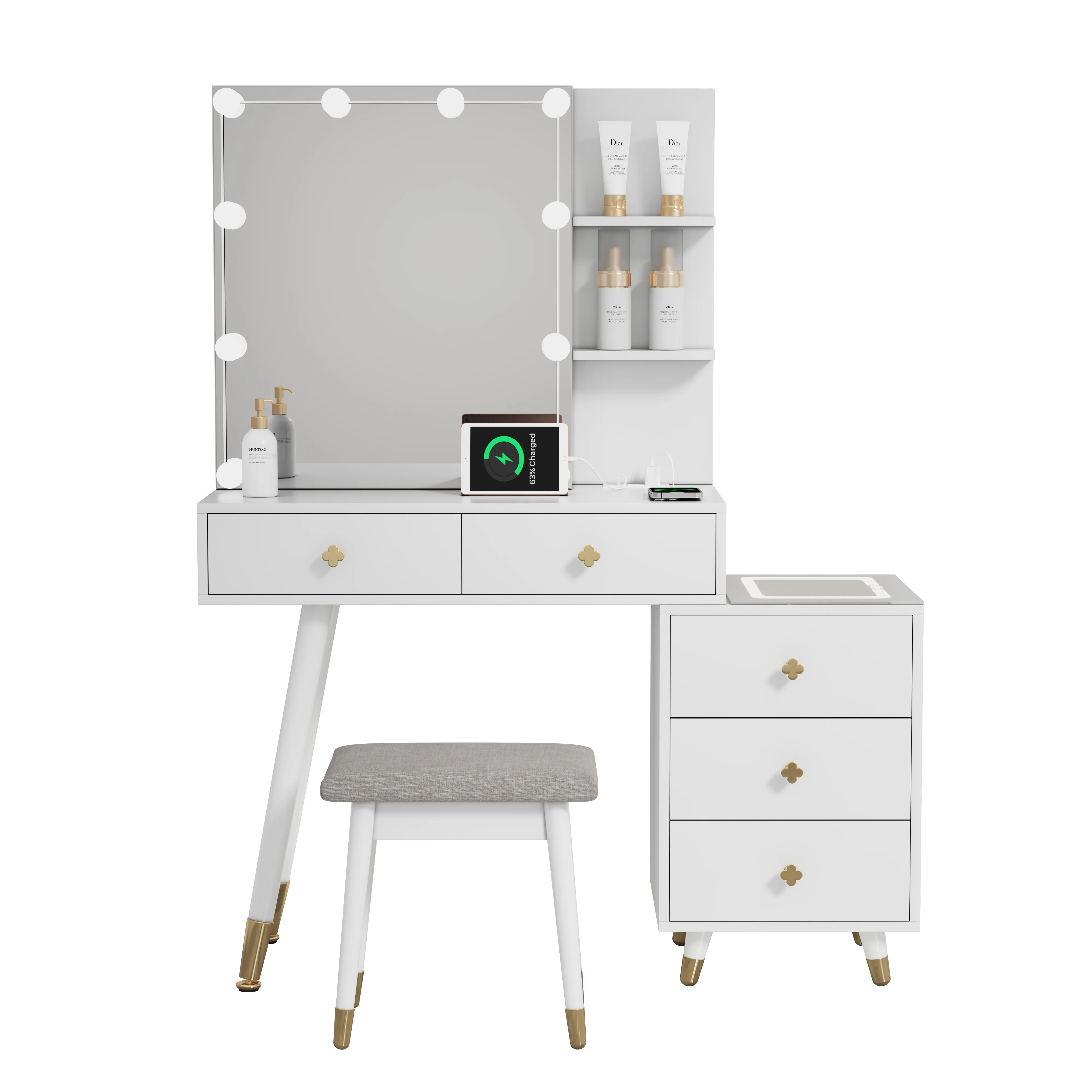 Kadyn Vanity Desk with Lighted Mirror, Vanity Table and Chair Set with 2 Drawers, Dressing Table Makeup Desk with 1 Door, Retro Gray