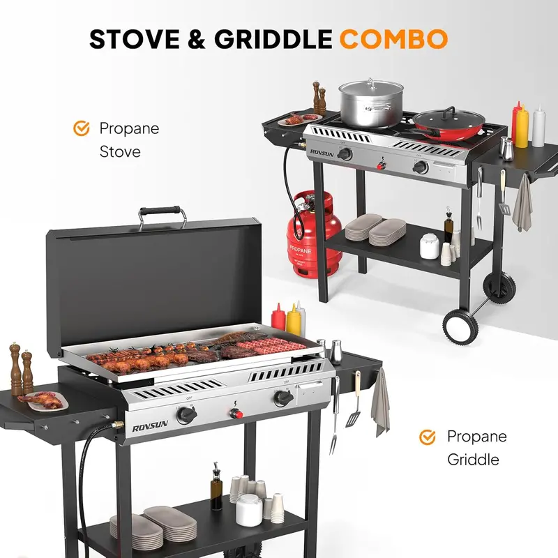150.000 BTU Outdoor Propane Stove – 2-Burner with Griddle. Auto-Ignition. Side Shelves & Regulator for Camping. Brewing & Grilling