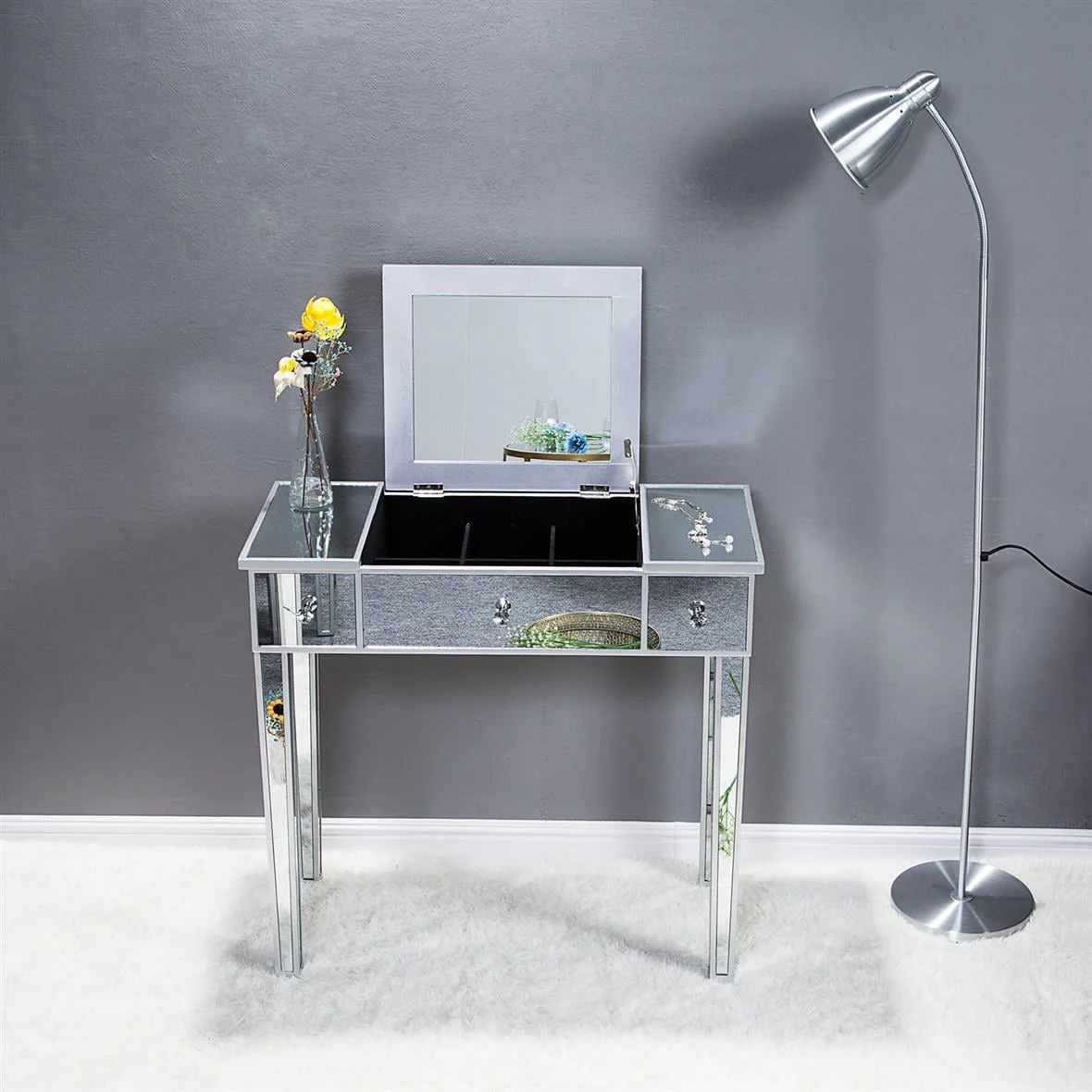 Zimtown Vanity Table Makeup Dressing Table Wood Jewelry Desk with Flip-top Mirror 3 drawers(Stool is NOt INCLUDED),Silver