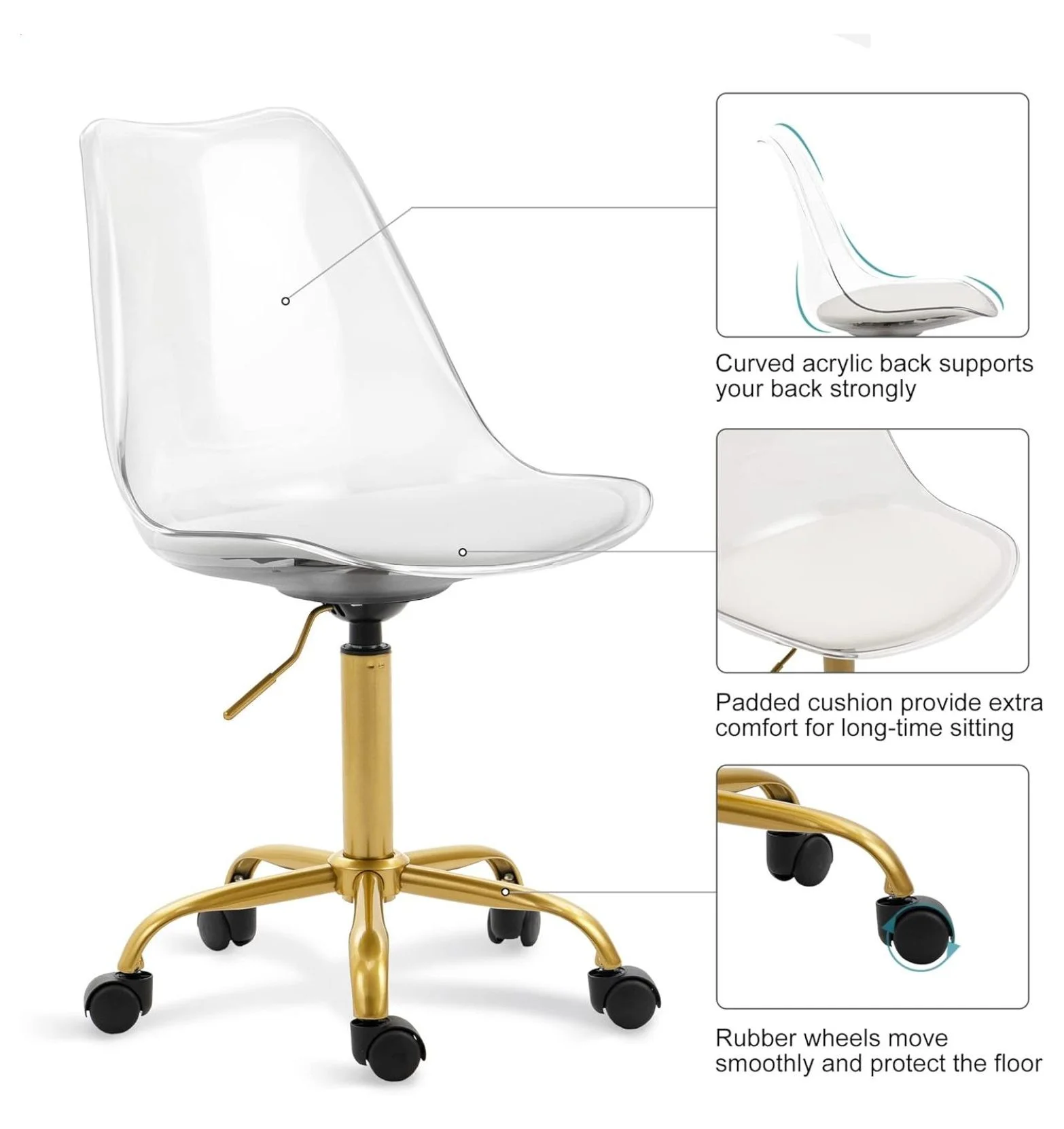 saney Clear Rolling Chair, Armless Desk Chair with Golden Feet Swivel Molded Plastic Shell Adjustable Home Office Chair with Wheels, Clear