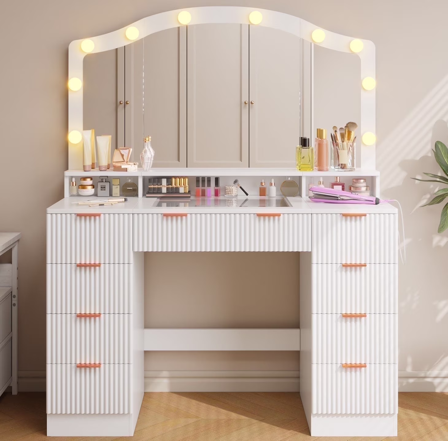 Tomnk White Vanity with Lights Mirrors, Makeup Vanity Desk with Drawers and Chair, Power Outlet
