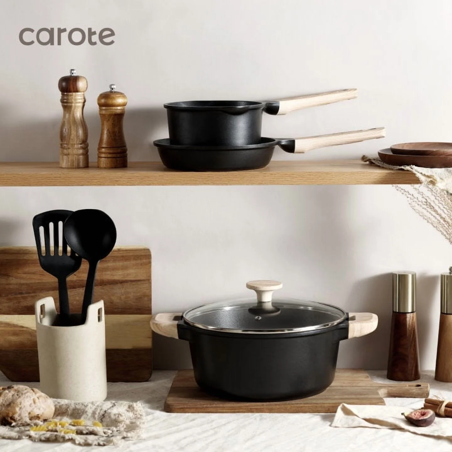 Carote Nonstick Cookware Set 10-Piece,Kitchen Pots and Pans Set,Stay-Cool Handles,Induction Compatible,Cookware Set for RV and Camping,Black