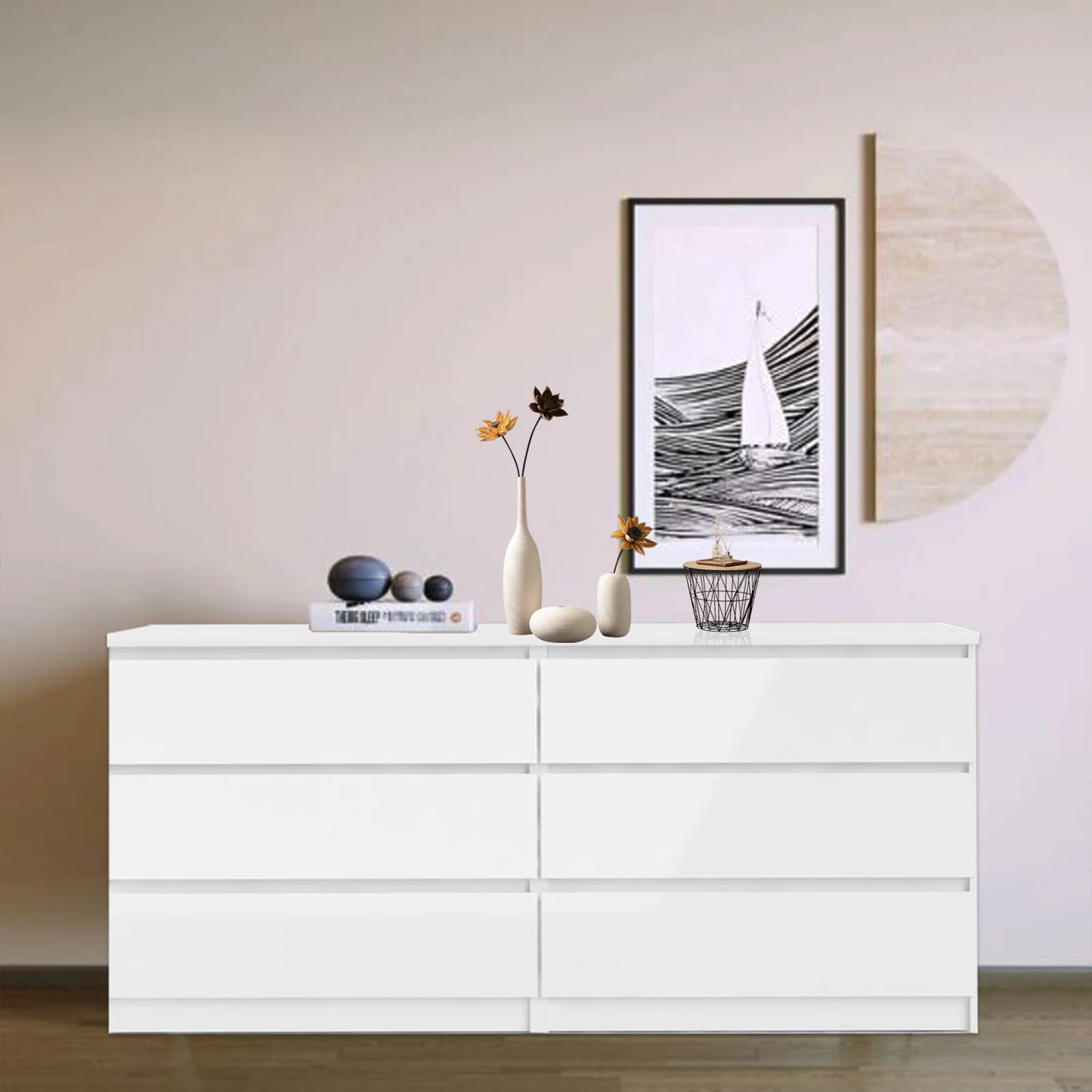 Juiluna 6-Drawer Double Dresser With 6 Wide Drawers, Anti Tilt Device Makeup Vanities Desk, Modern Dressing Table For Girl, Women Bedroom, Living Room, Hallway