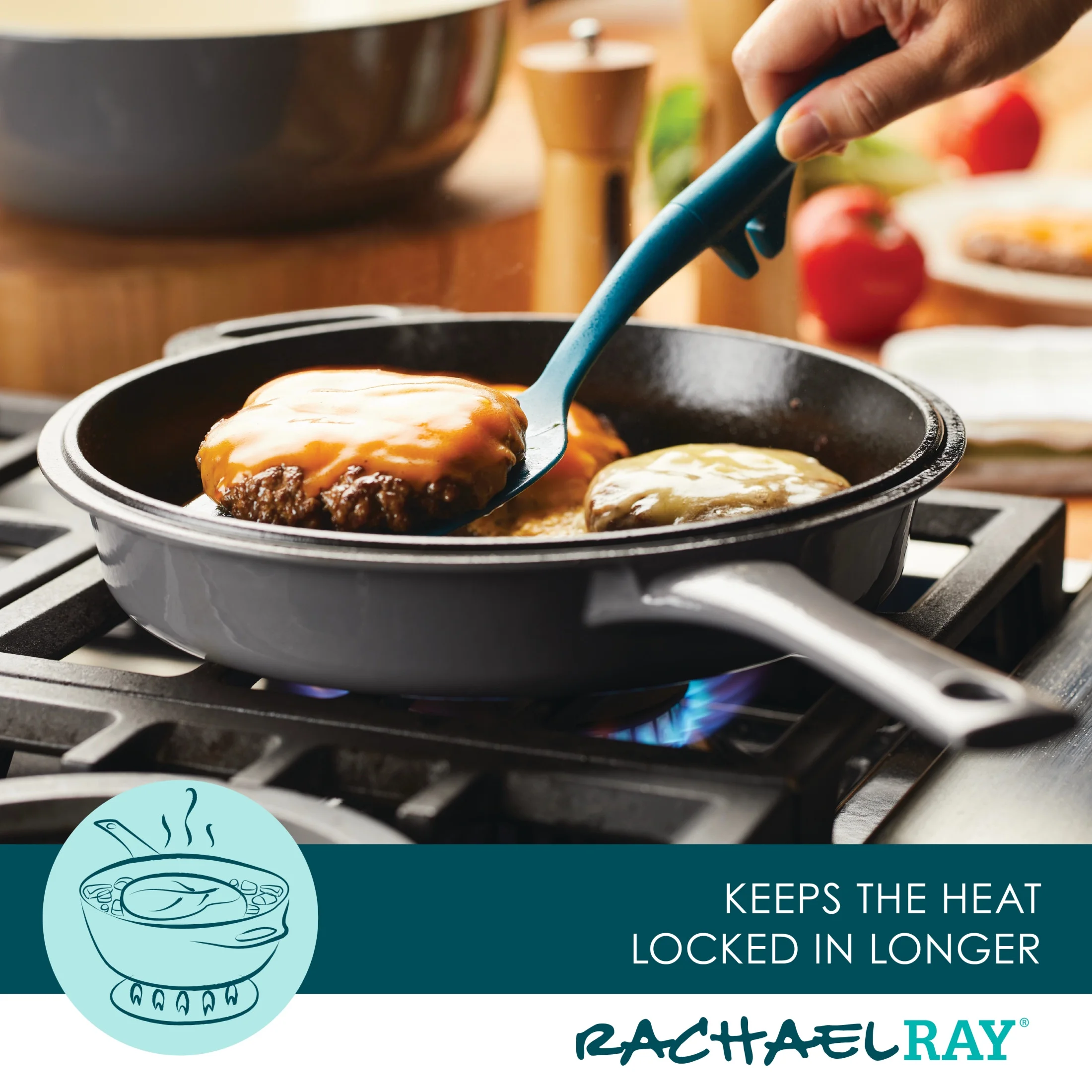 Rachael Ray Enameled Cast Iron 3-in-1 Dutch Oven Skillet Saute Combo, 4 Quart, Gray