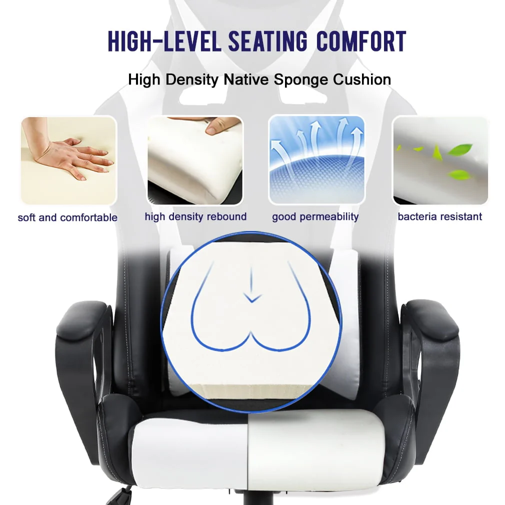 High-Back Gaming Chair PC Office Chair Computer Racing Chair PU Desk Task Chair Ergonomic Executive Swivel Rolling Chair with Lumbar Support for Back Pain Women, Men (WHITE)