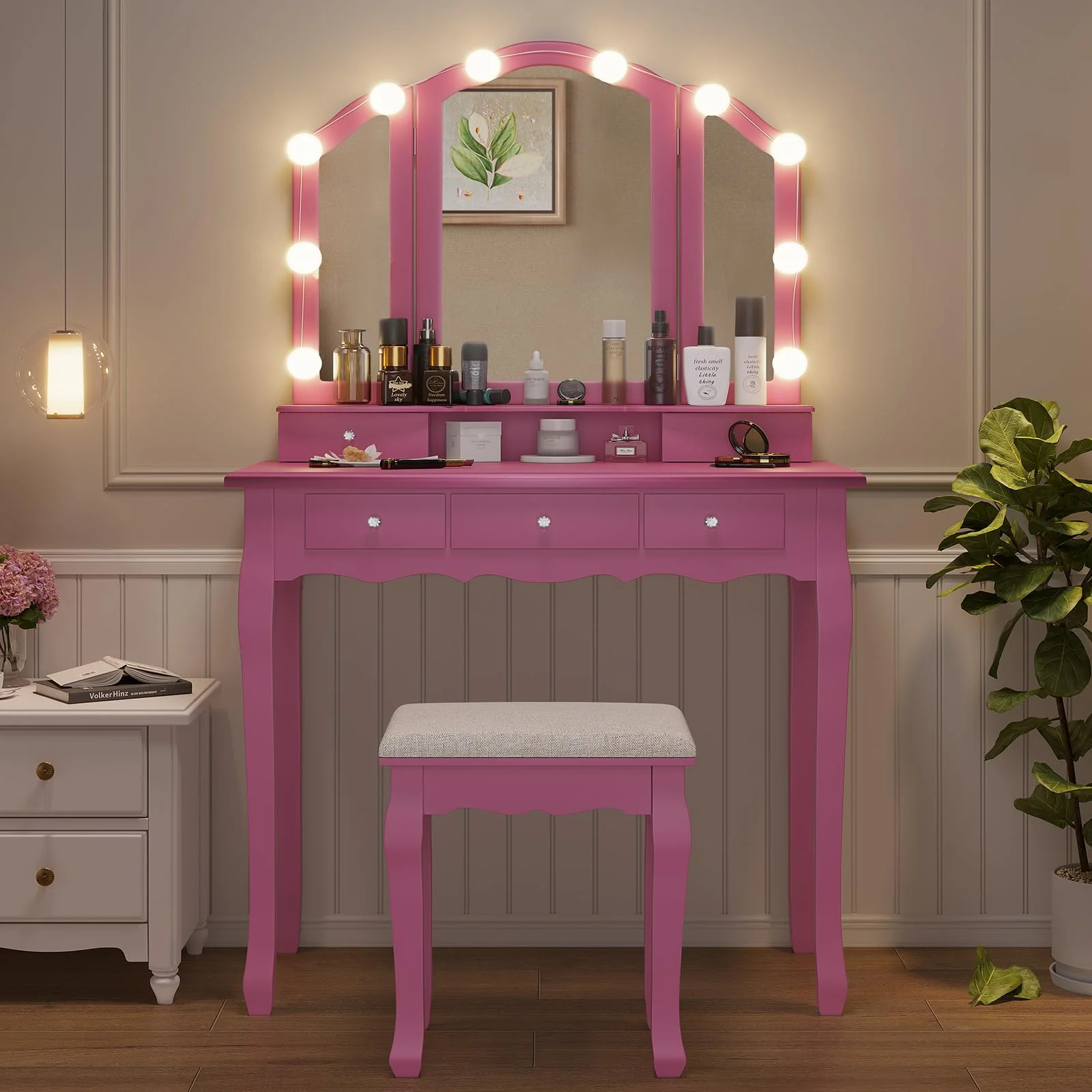 Afuhokles Vanity Table Set with Lighted Tri-Fold Mirror and Stool, Makeup Vanity Dressing Desk 5 Drawers, White