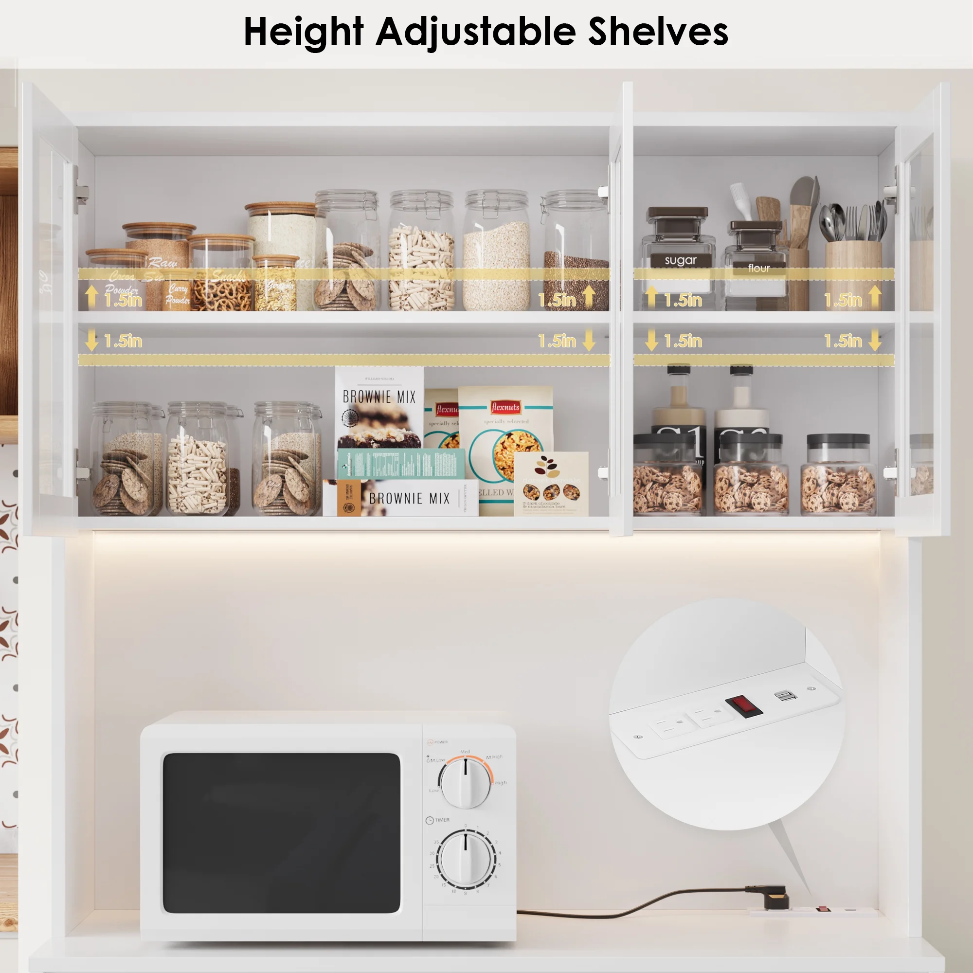 Homfa 70.9'' Kitchen Pantry Cabinet with Charging Station and LED Light, 3 Drawers Buffet Storage Cabinet with Glass Doors and Adjustable Shelves, White