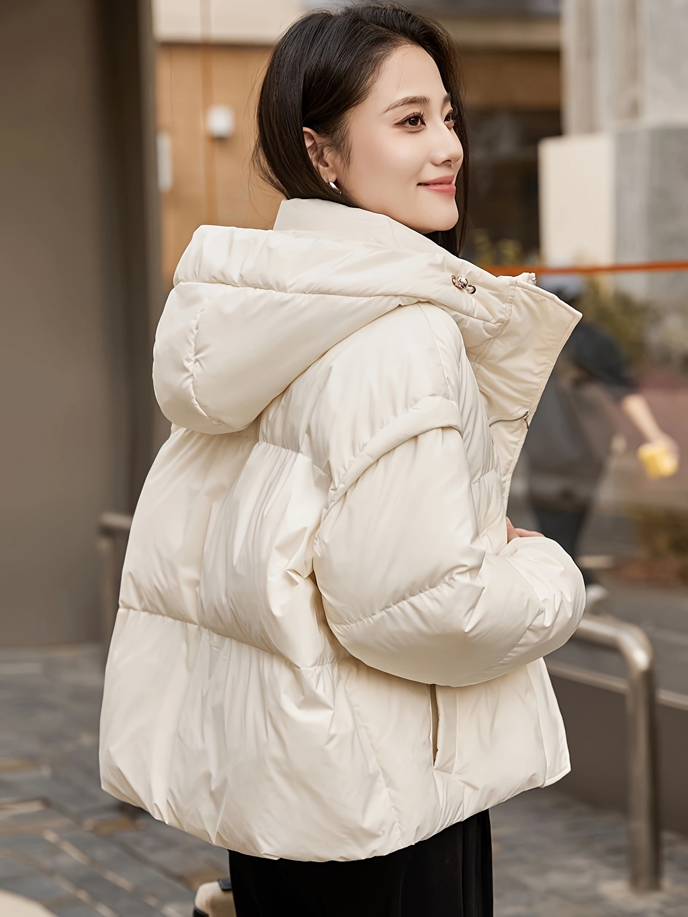Stand Collar Pockets Hoodie Puffer Jacket, Casual Long Sleeve Jacket For Winter