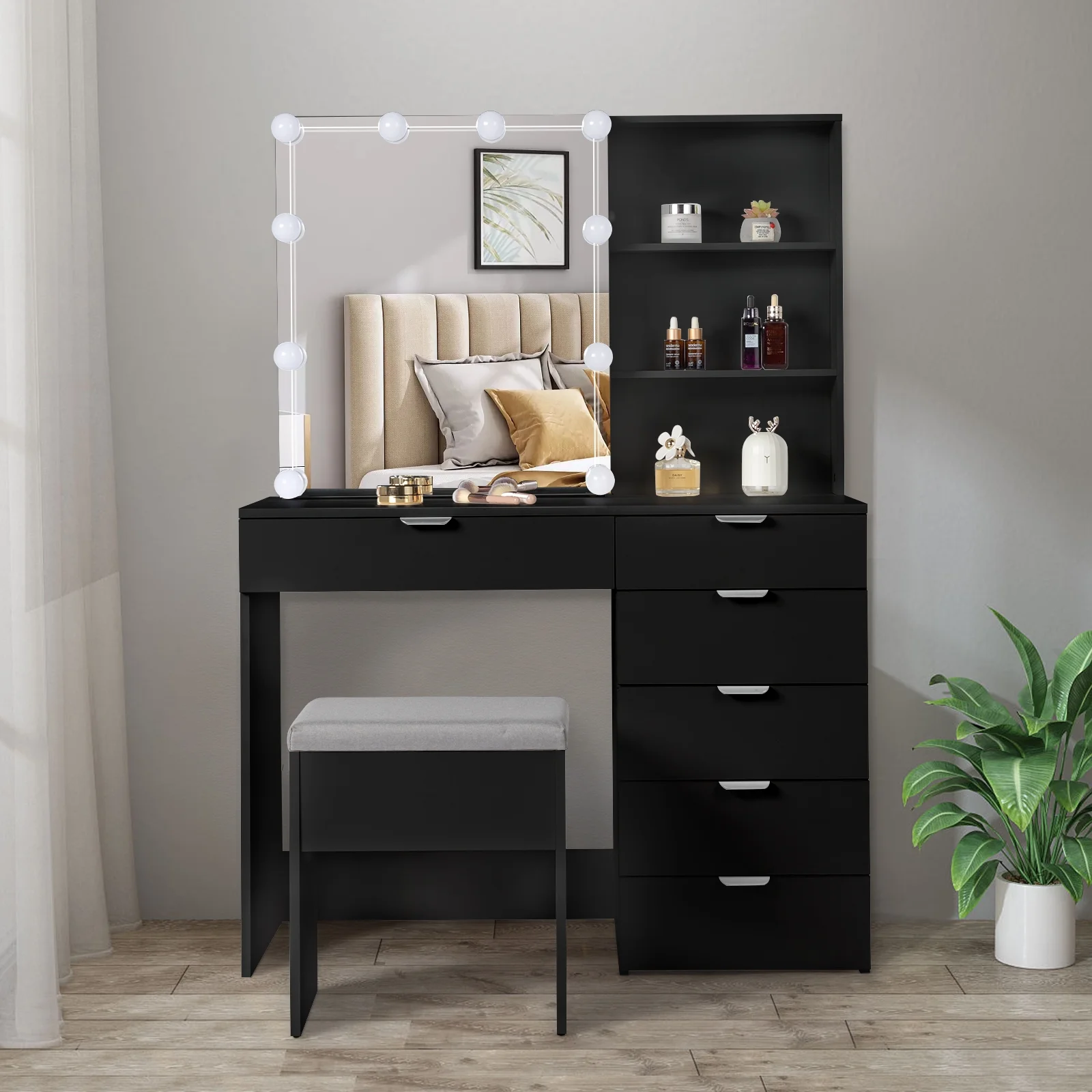 Ktaxon Vanity Set with 3 Color Lighted Mirror, Makeup Table with 6 Drawers, Dressing Table Makeup Desk with Stool,White