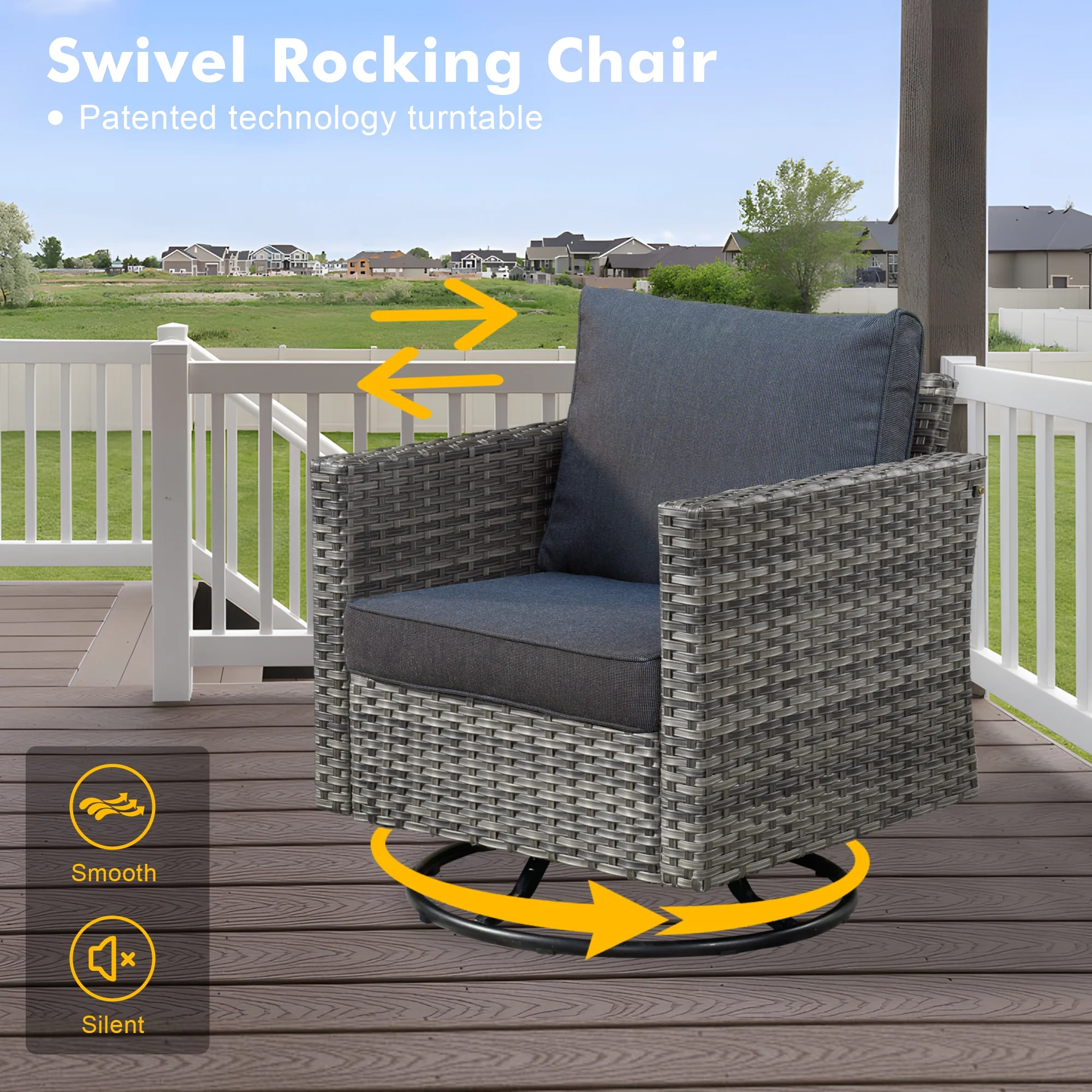 Ovios 6 Pieces Outdoor Patio Furniture Set with Gas Propane Fire Pit Table Wicker Outdoor Conversation Set with Swivel Rocking Chair for Backyard, Cushion Beige
