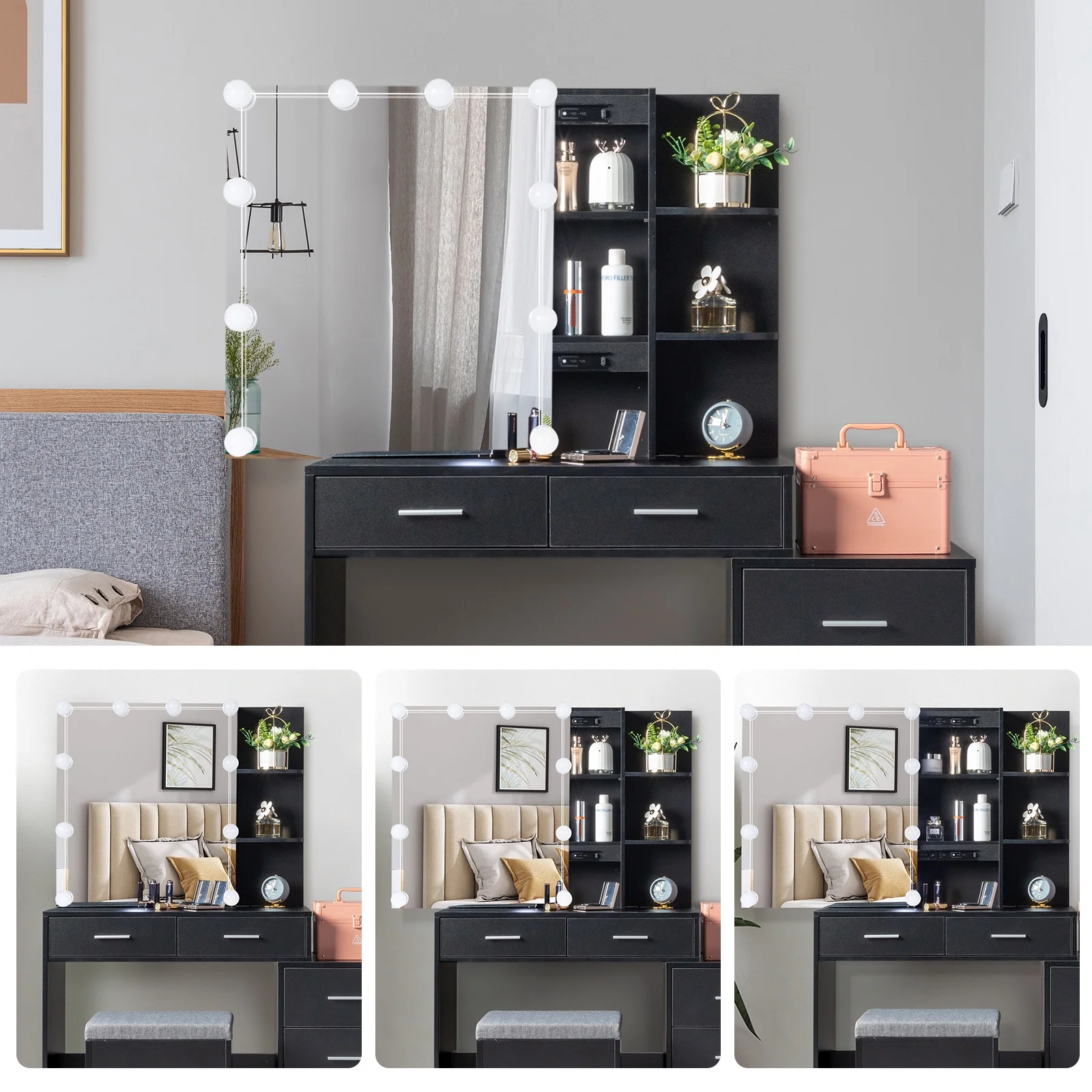 Makeup Vanity with Mirror Cabinet, Lighted Makeup Vanity Desk Set with 2 Shelves, 5 Drawers, 3-Color Light Adjustment, Dressing Table Set for Girl, Women, Princess