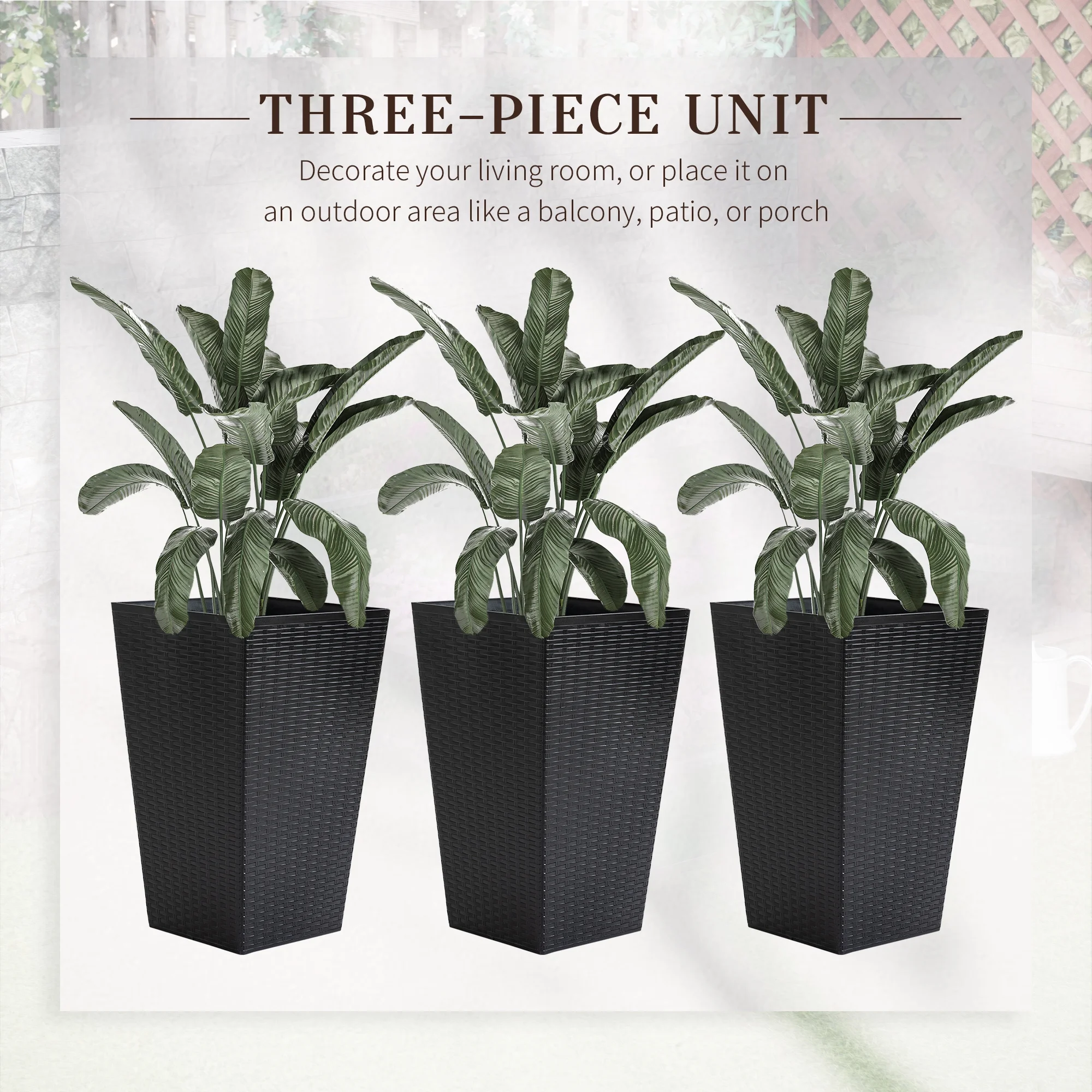 Outsunny Set of 3 Tall Planters with Drainage Hole, Outdoor Flower Plant Pots, Indoor Planters for Porch, Front Door, Entryway, Patio and Deck, Black