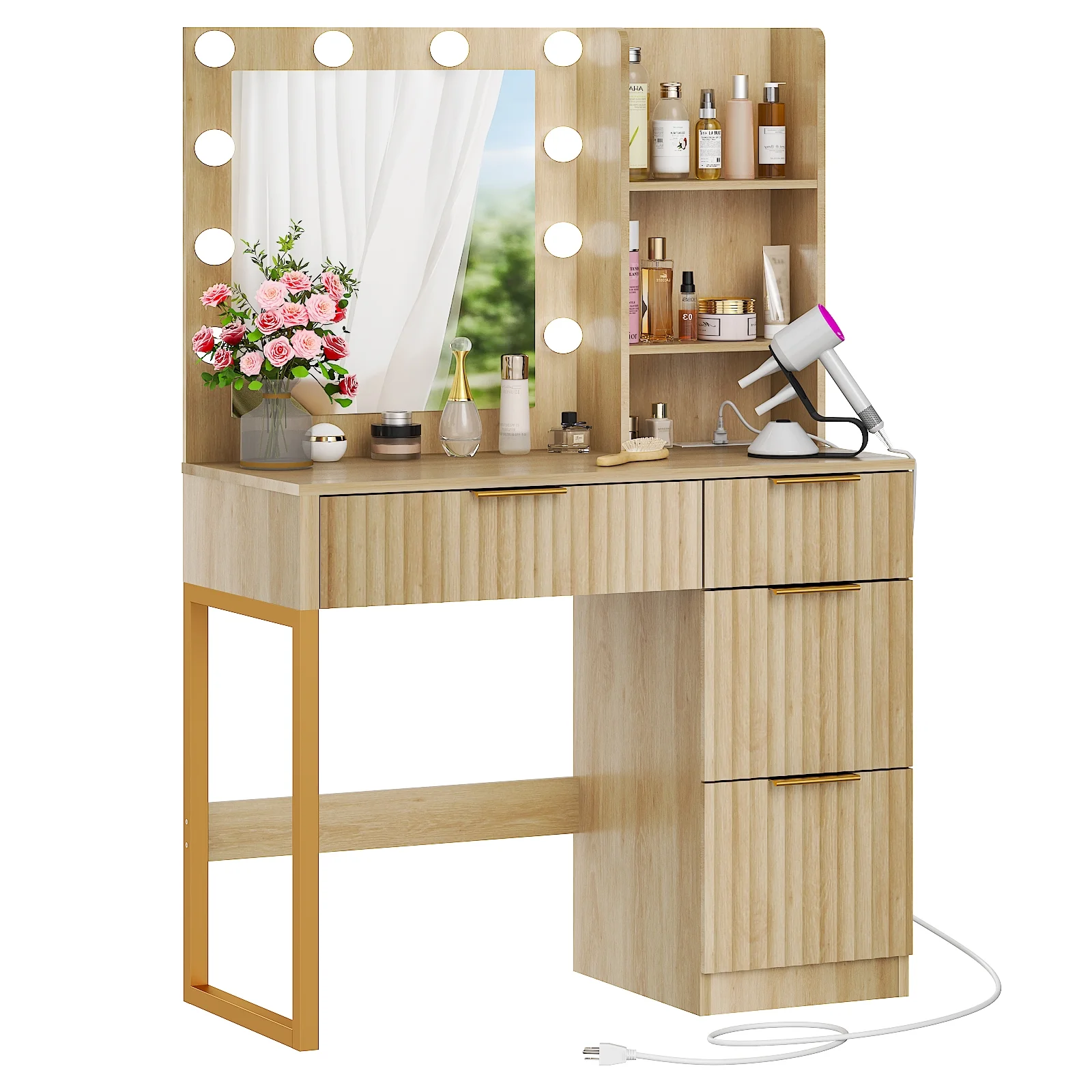 Ktaxon Vanity Set with 3 Color Lighted Mirror, Makeup Table with 3 Storage Shelves & Drawers, Dressing Table Makeup Desk with Stool,White
