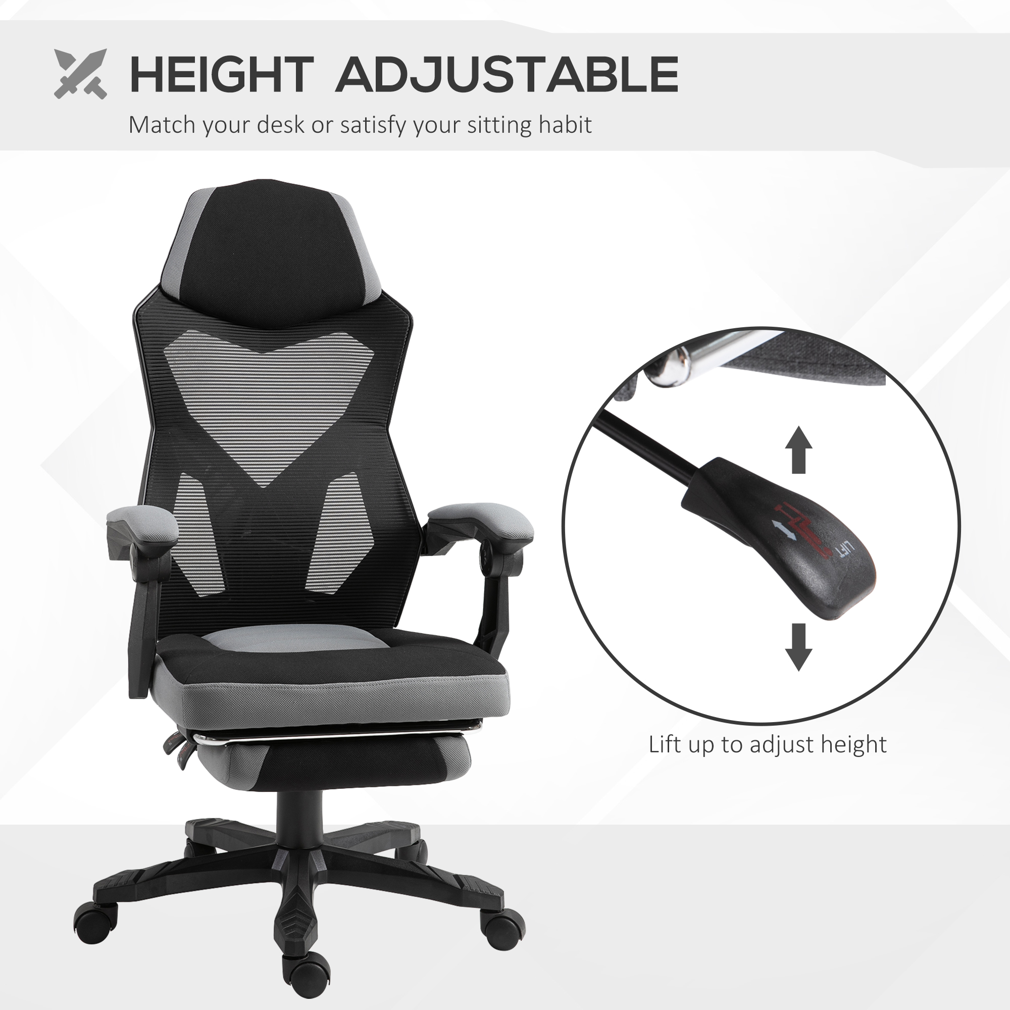 Vinsetto Ergonomic Home Office Chair High Back Armchair Computer Desk Recliner with Footrest, Mesh Back, Lumbar Support and Wheels, Gray