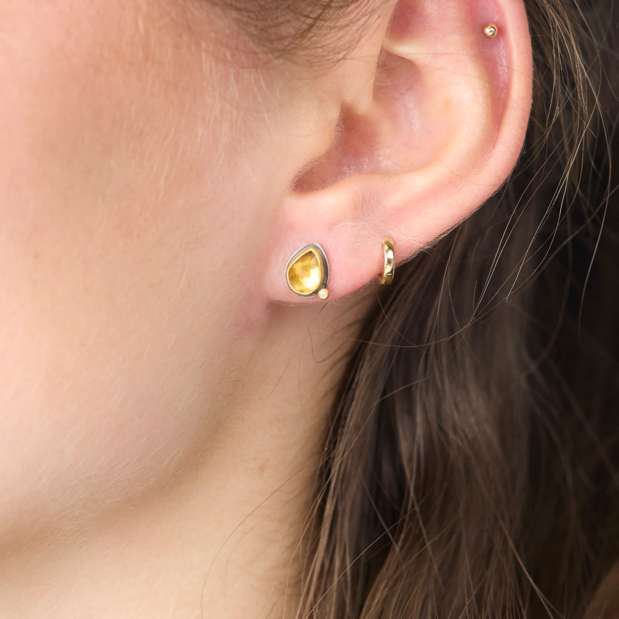 Citrine Stud Earrings with Diamond Dot