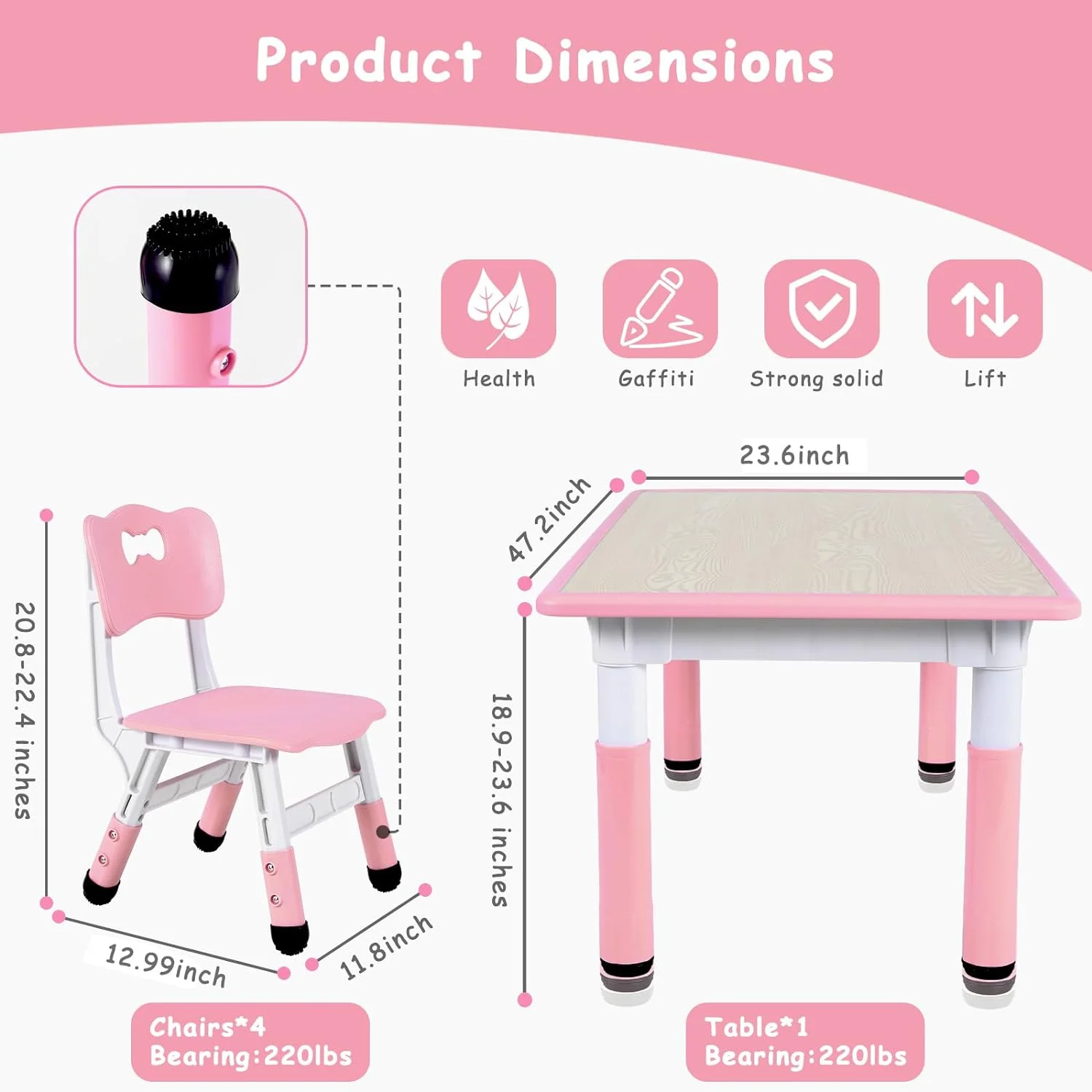 Arlopu Toddler Table and Chair Set Height Adjustable, Kids Activity Table for Reading, Drawing, Eating, Studying, Max 220lbs