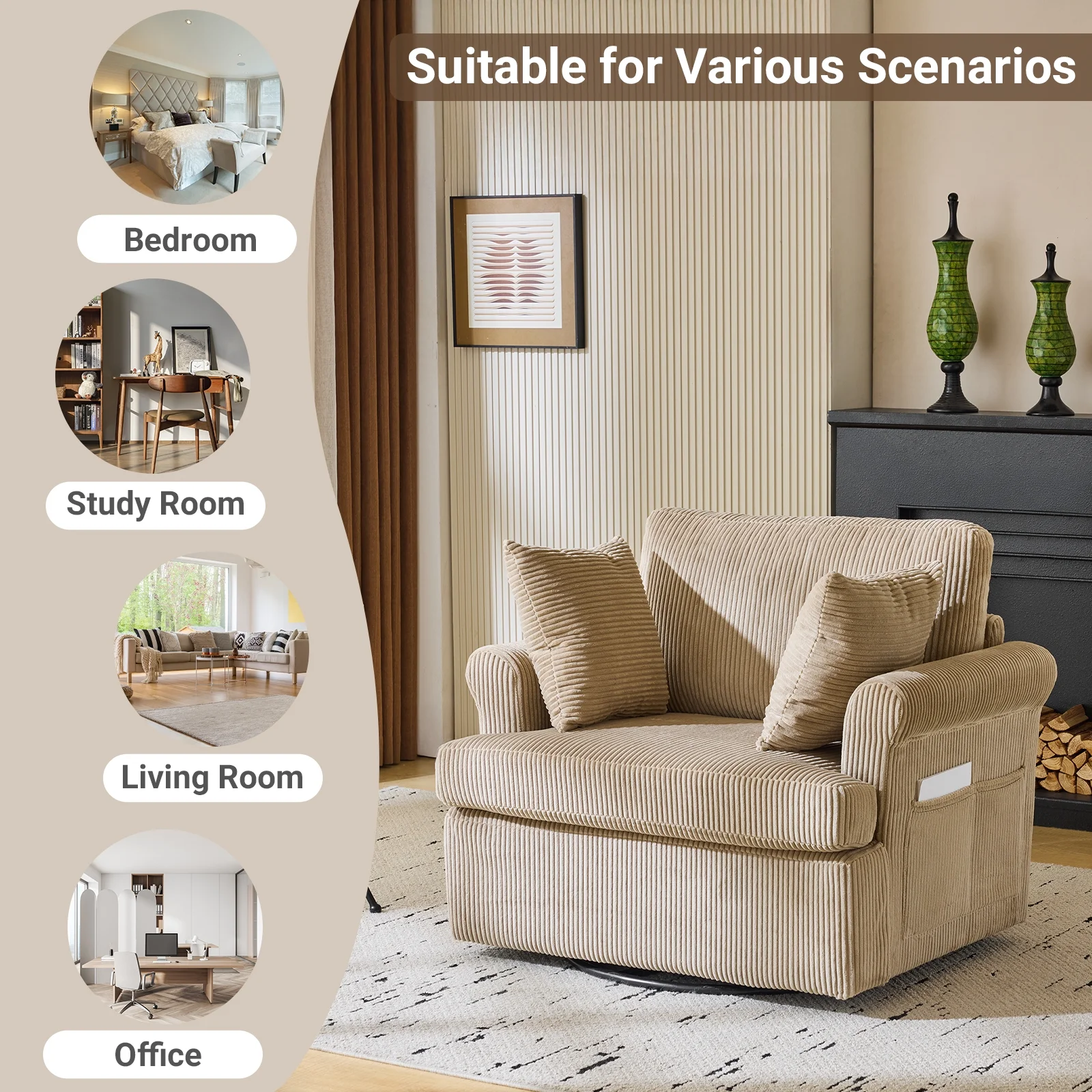 Ktaxon Swivel Accent Chair, 360-Degree Rotation Reading Chair, Corduroy Fabric Sofa with Armrest Pockets, Solid Metal Base, Perfect for Living Room Bedroom Black