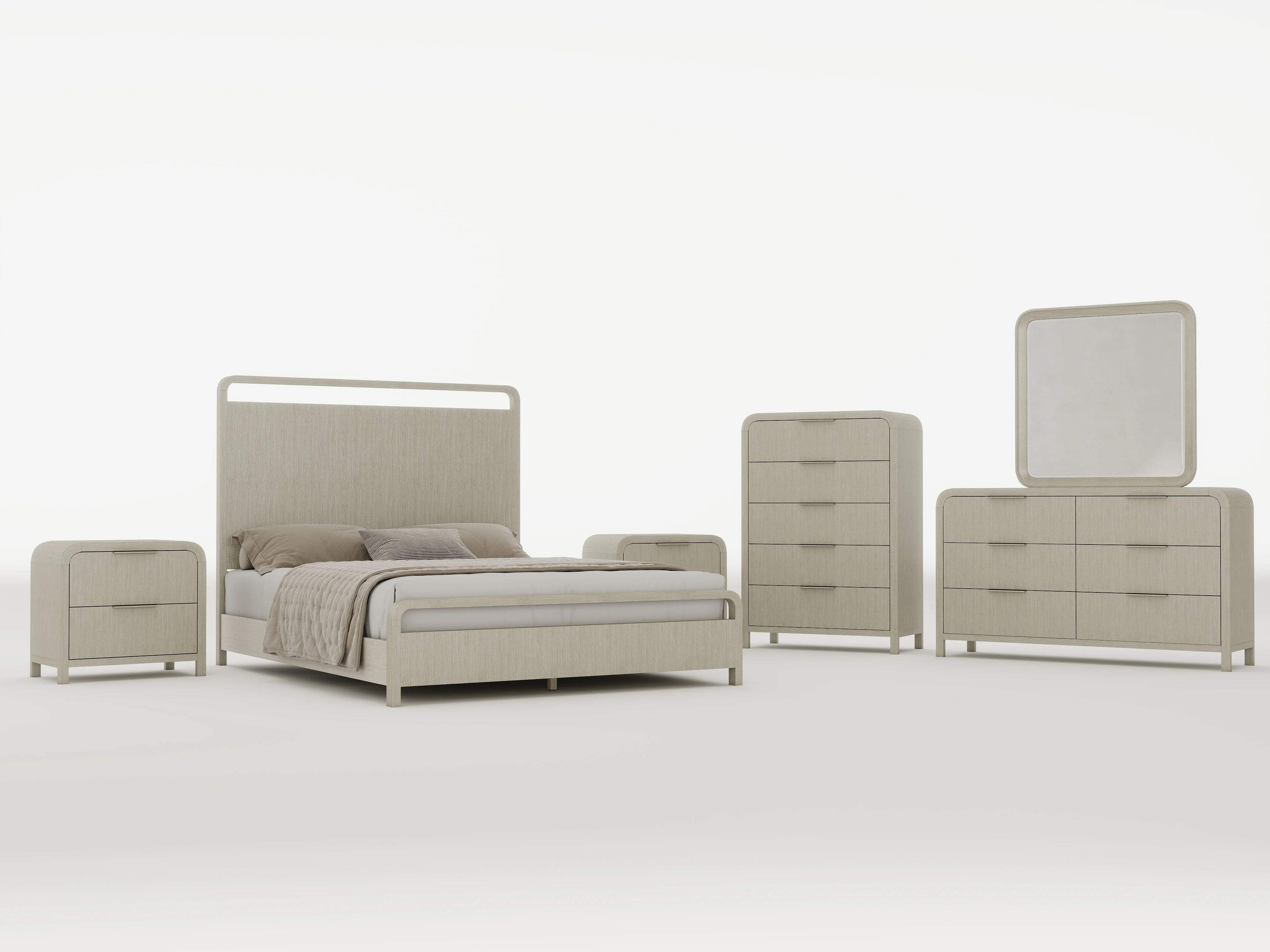 Roundhill Furniture Tavari 6-Piece Bedroom Set with Panel Bed, Dresser, Mirror, Two Nightstands, and Chest in Light Gray, King Size