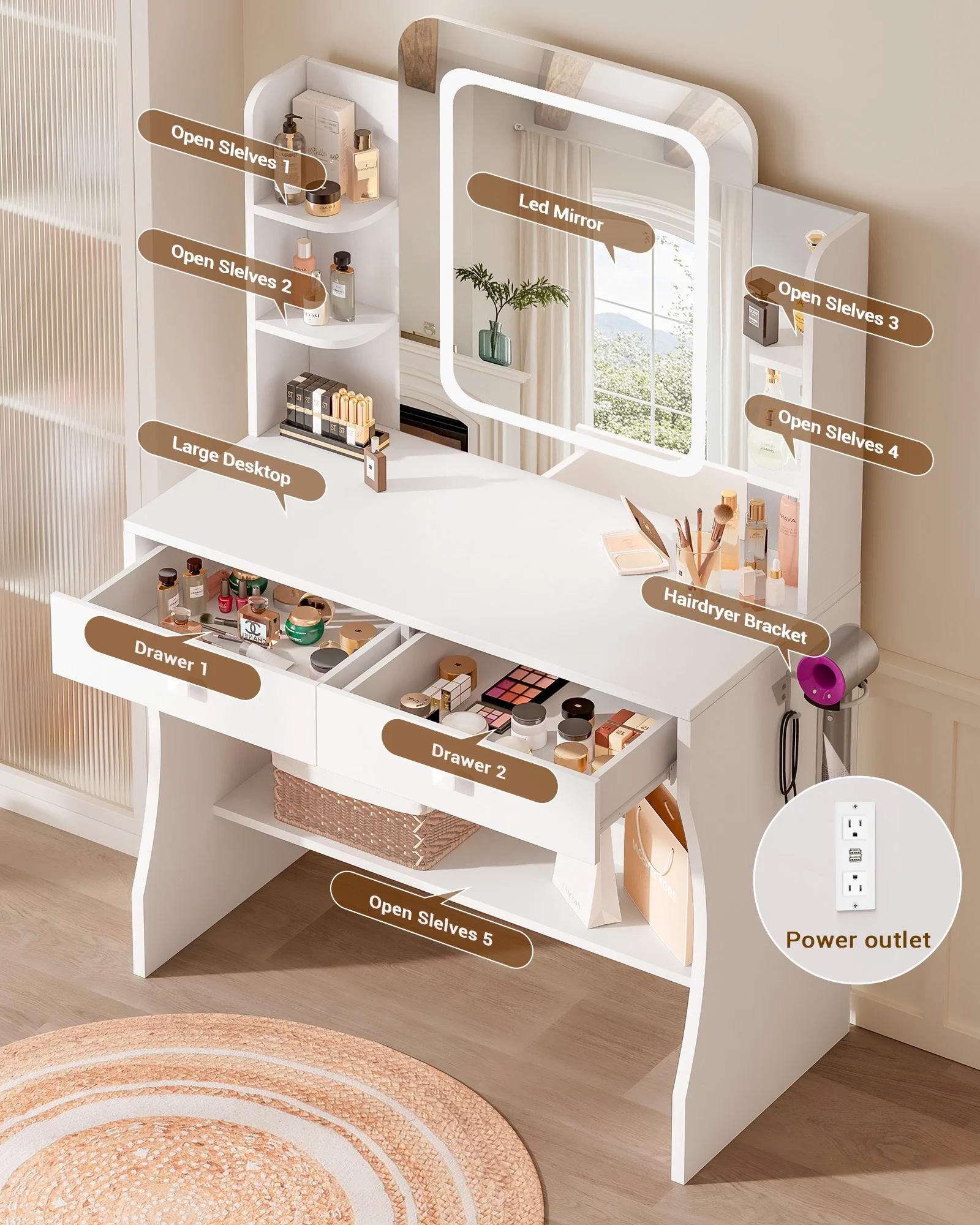 LIVELYGLOW Vanity Desk Set with Square Mirror and Light- Small Vanity Table with Drawers- White