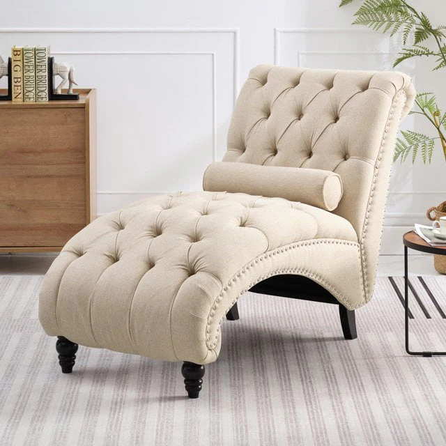 ZAFLY Chaise Lounge Indoor, Lounge Chair with Wood Legs, Leisure Accent Chair, Upholstered Lounge Couch for Bedrooom/Living Room, Beige