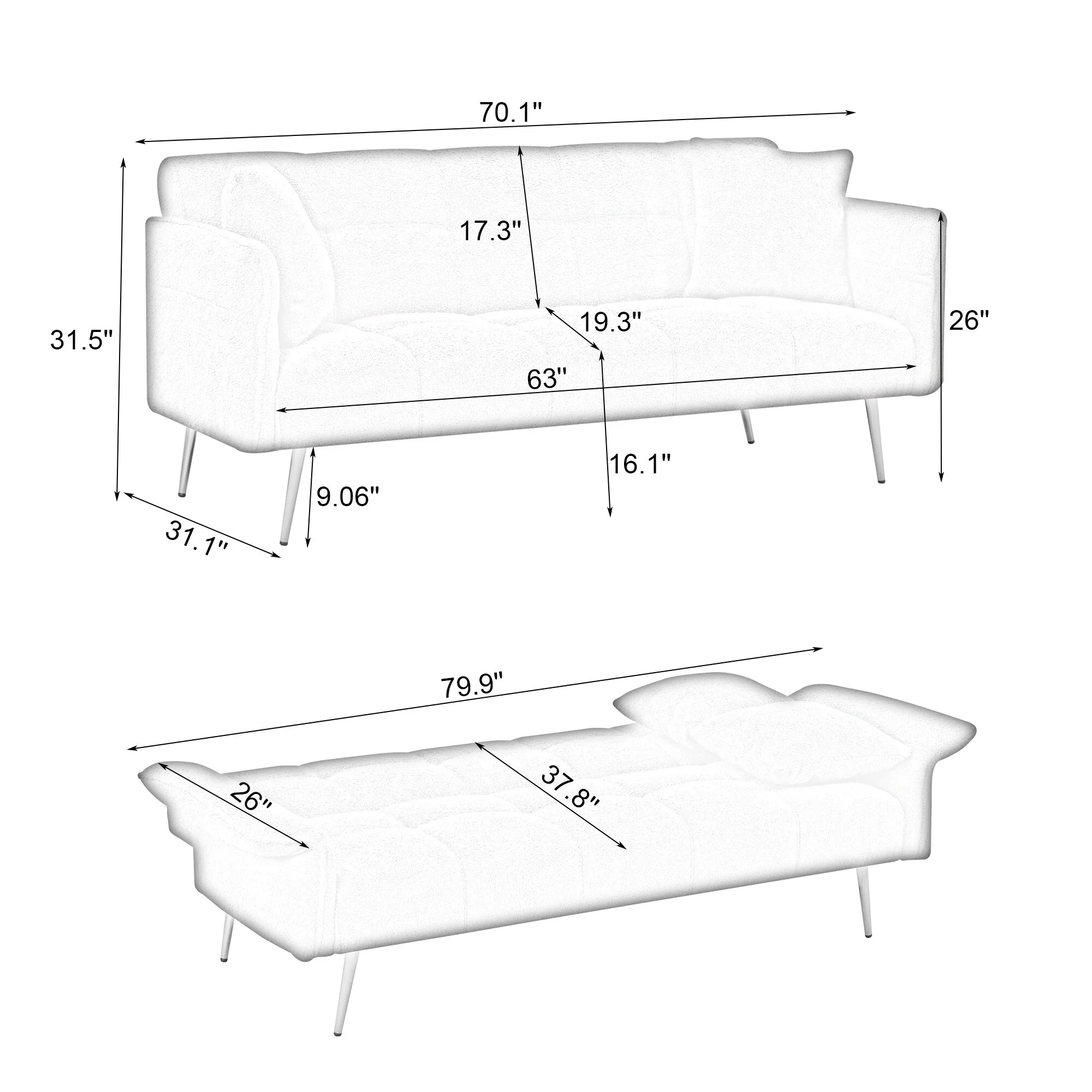 AENKYO 70-in Teddy Velvet Foldable Futon Sofa Bed, 3-in-1 Adjustable Sleeper Couch, Yellow