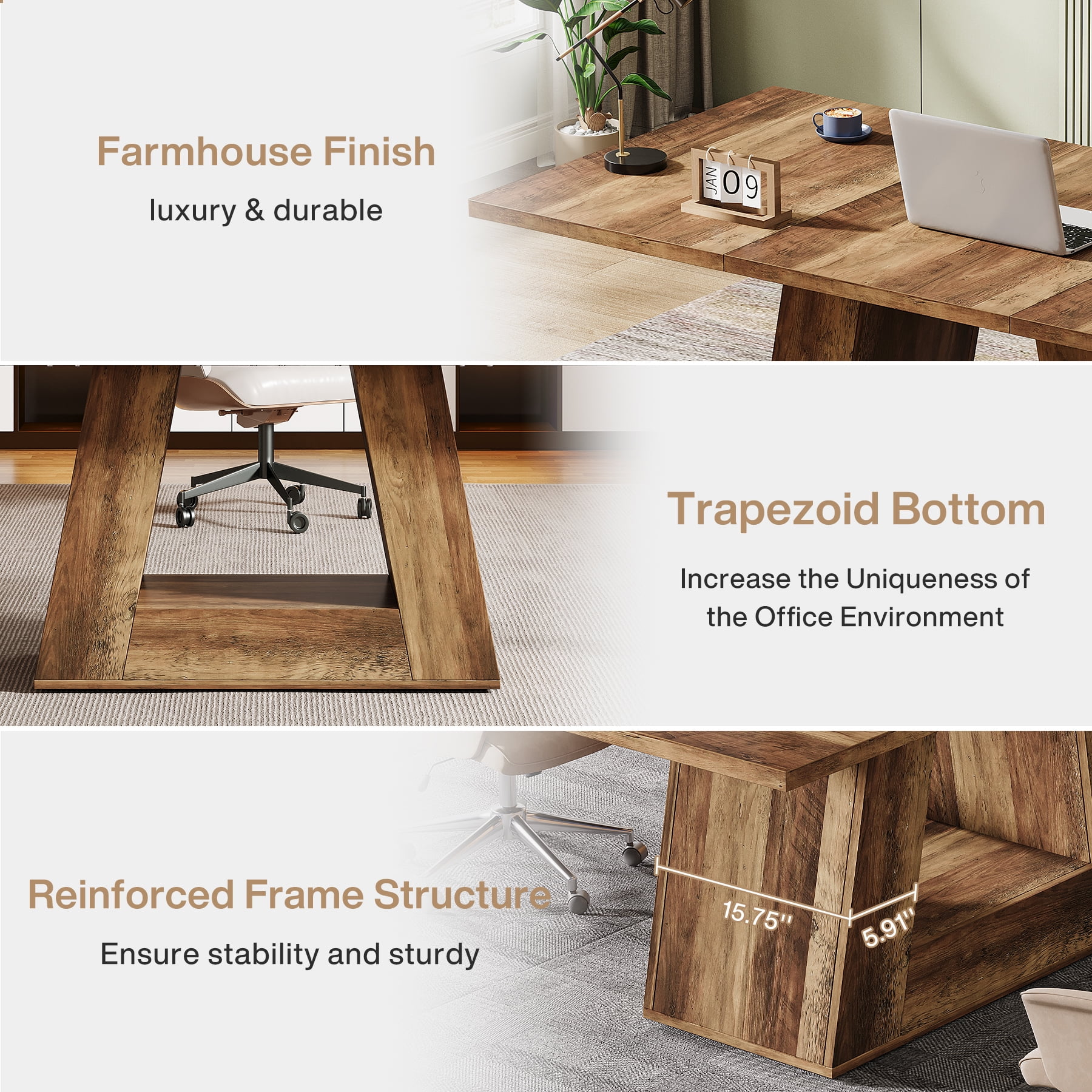 Tribesigns Modern Computer Desk, 63 inch Wooden Faux Marble Study Writing Table with Sturdy Base for Home Office, Black