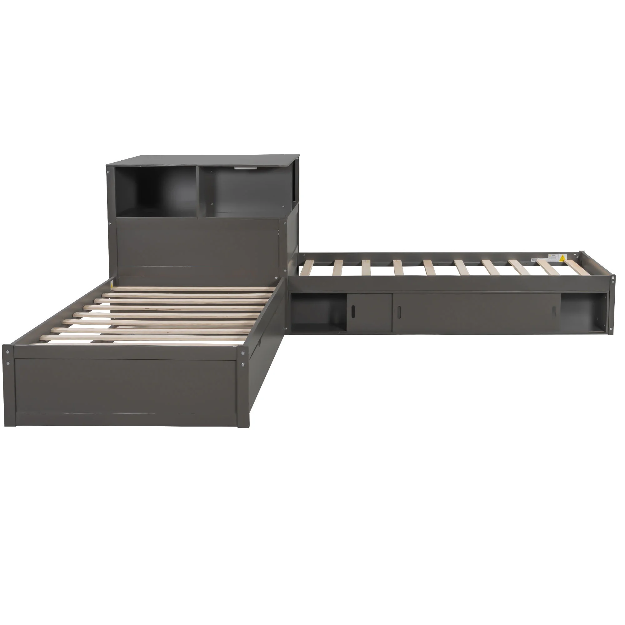 Euroco Pine Wood L-Shaped Twin Platform Bed with Storage Desk, Cabinets, Trundle and LED Light for Kids Teens, Gray